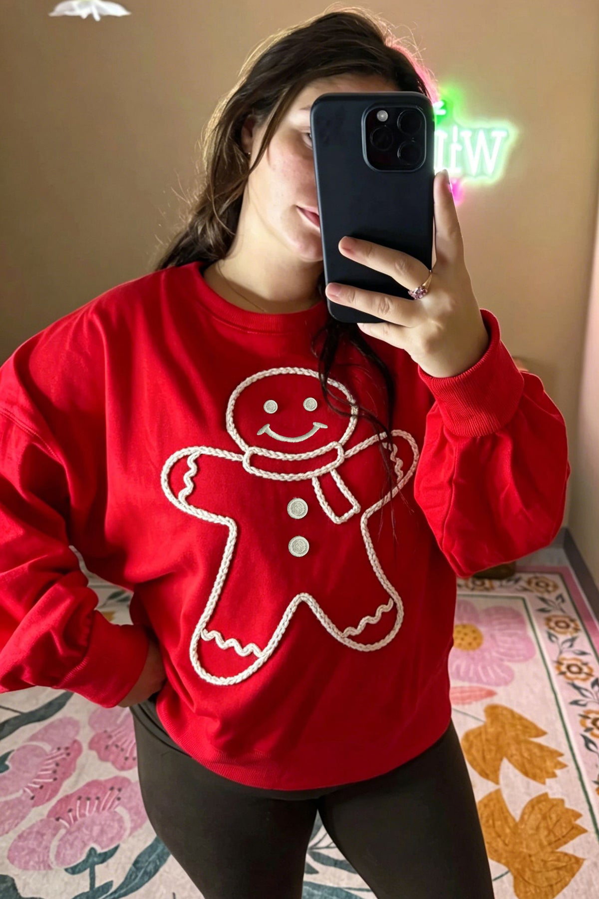 Fiery Red Christmas Embroidered Long Sleeve Loose Fit Sweatshirt