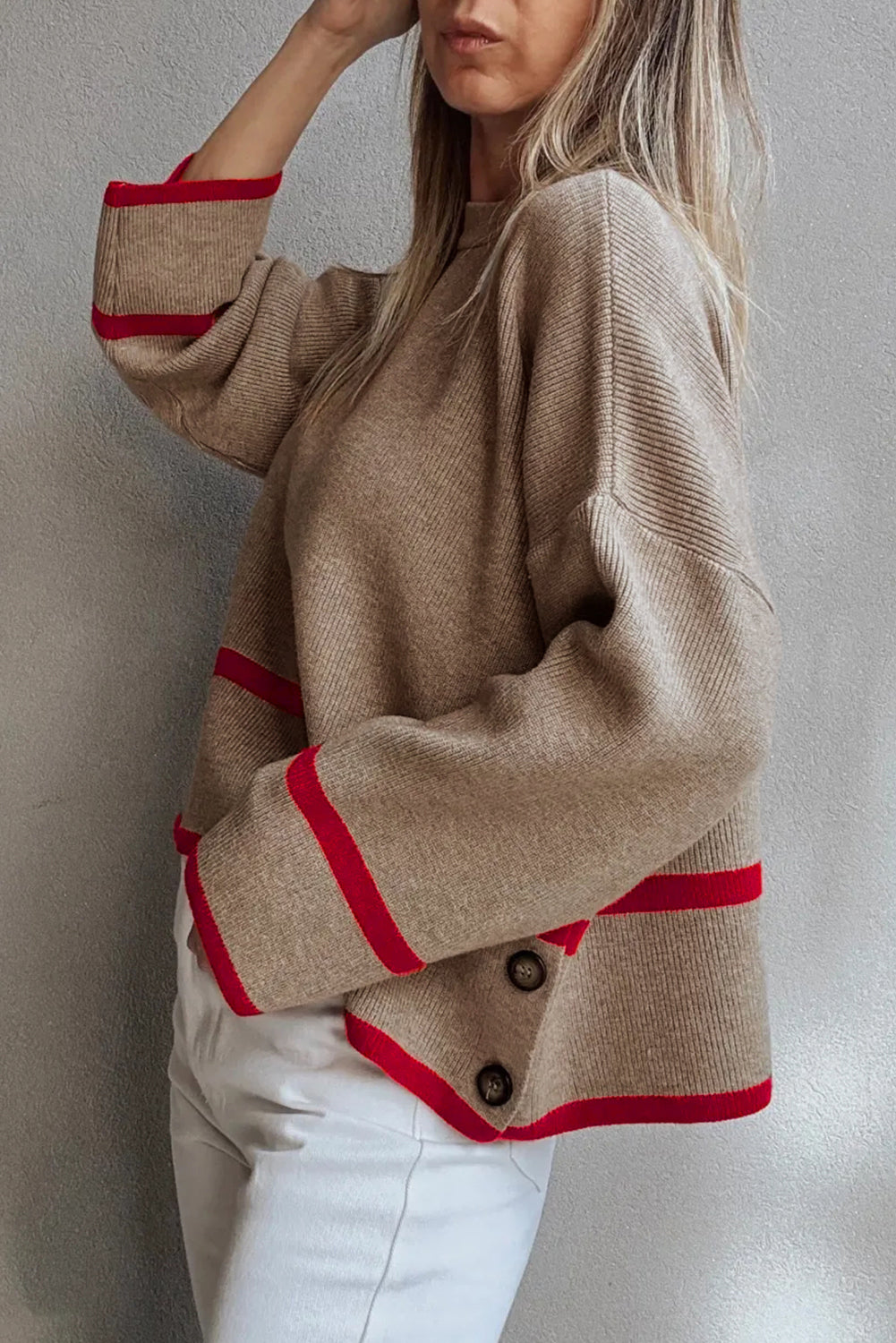 Simply Taupe Ribbed Knit Contrasted Stripe Detail Button Side Sweater