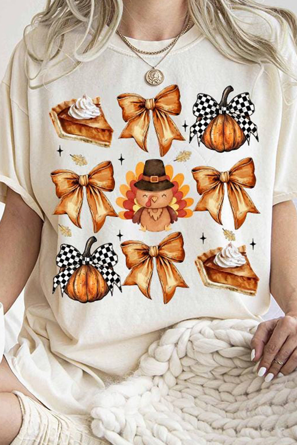 White Cute Bowknot Tanksgiving Graphic Crewneck T-Shirt