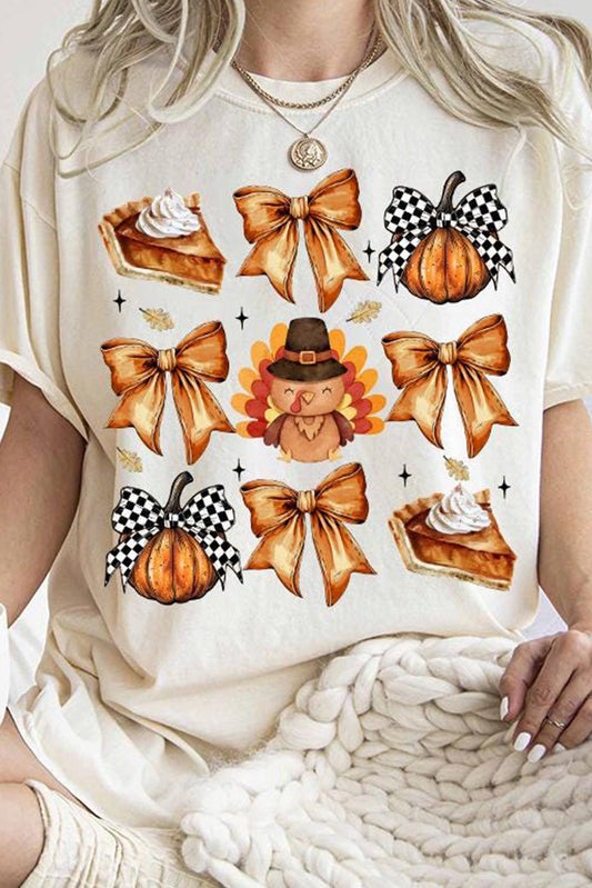 White Cute Bowknot Tanksgiving Graphic Crewneck T-Shirt