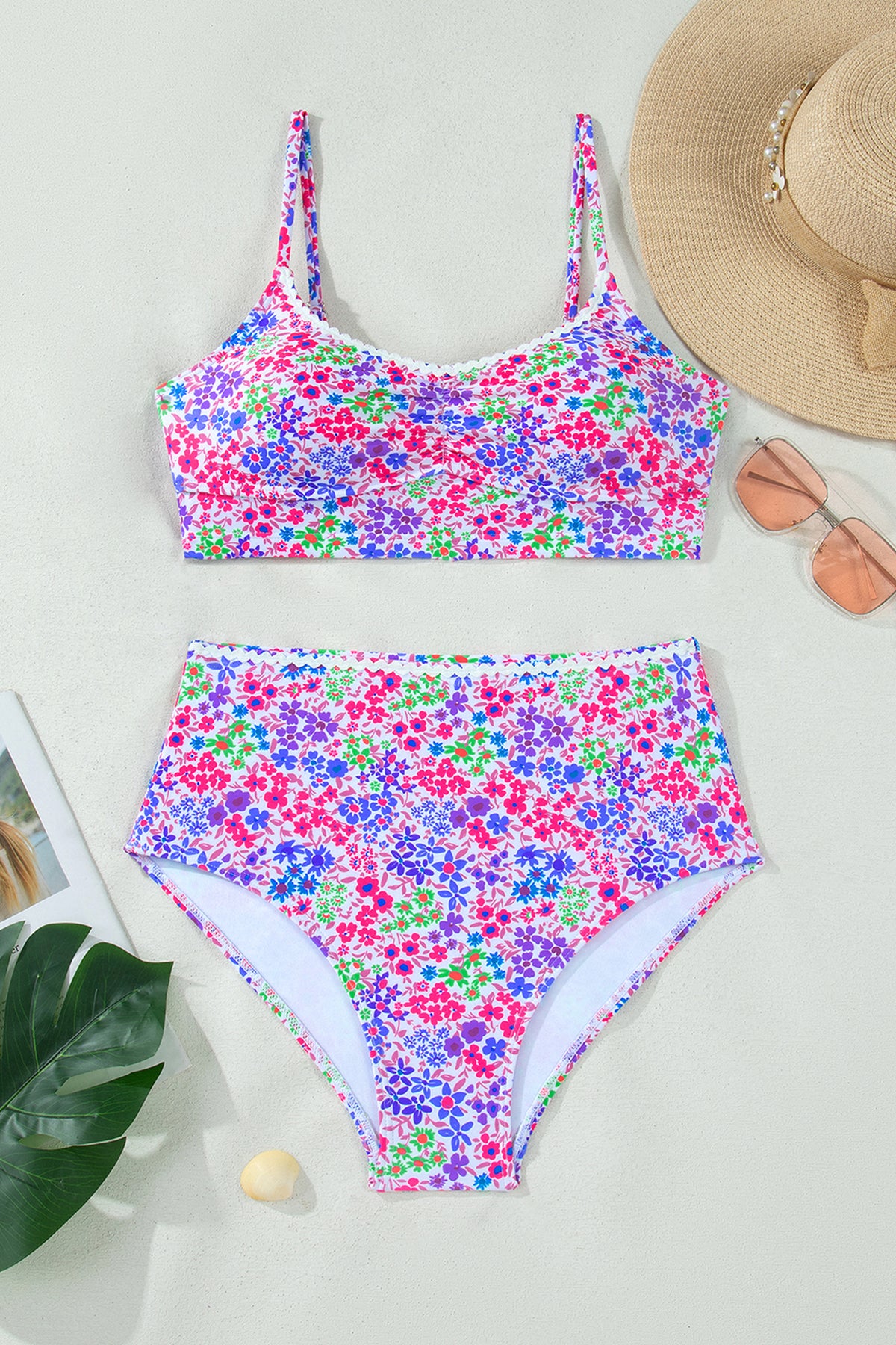 Purple Floral Lace-Trim High-Waist Bikini