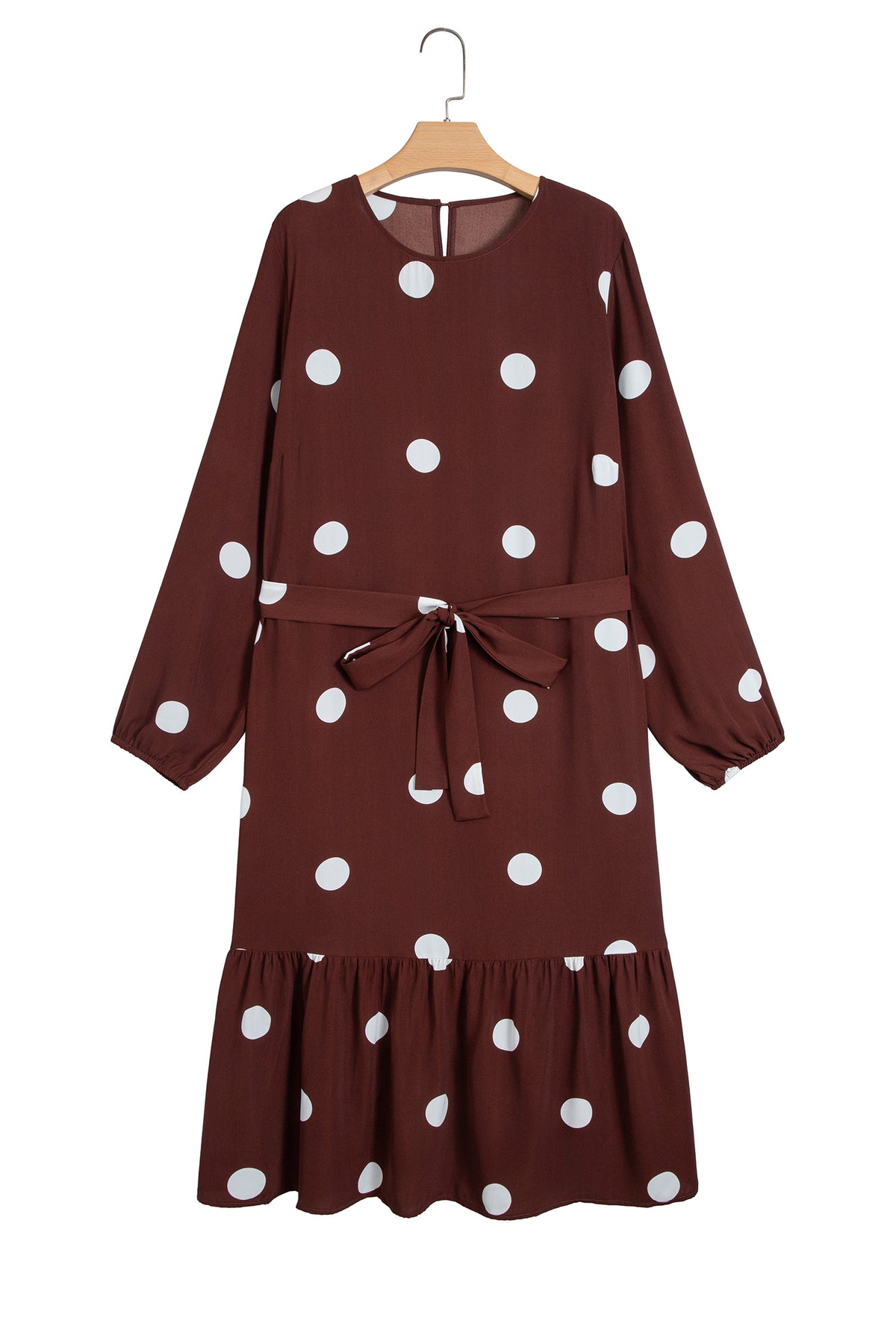 Brown Polka Dot Ruffled Hem Long-Sleeve Tie-Waist Plus Size Dress