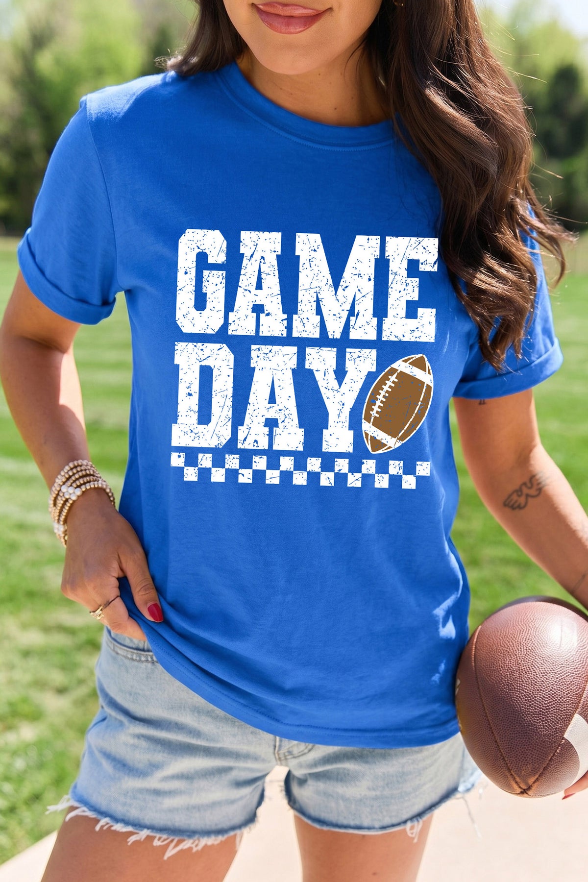 Dark Blue GAME DAY Checkered Print Rugby Graphic T-Shirt