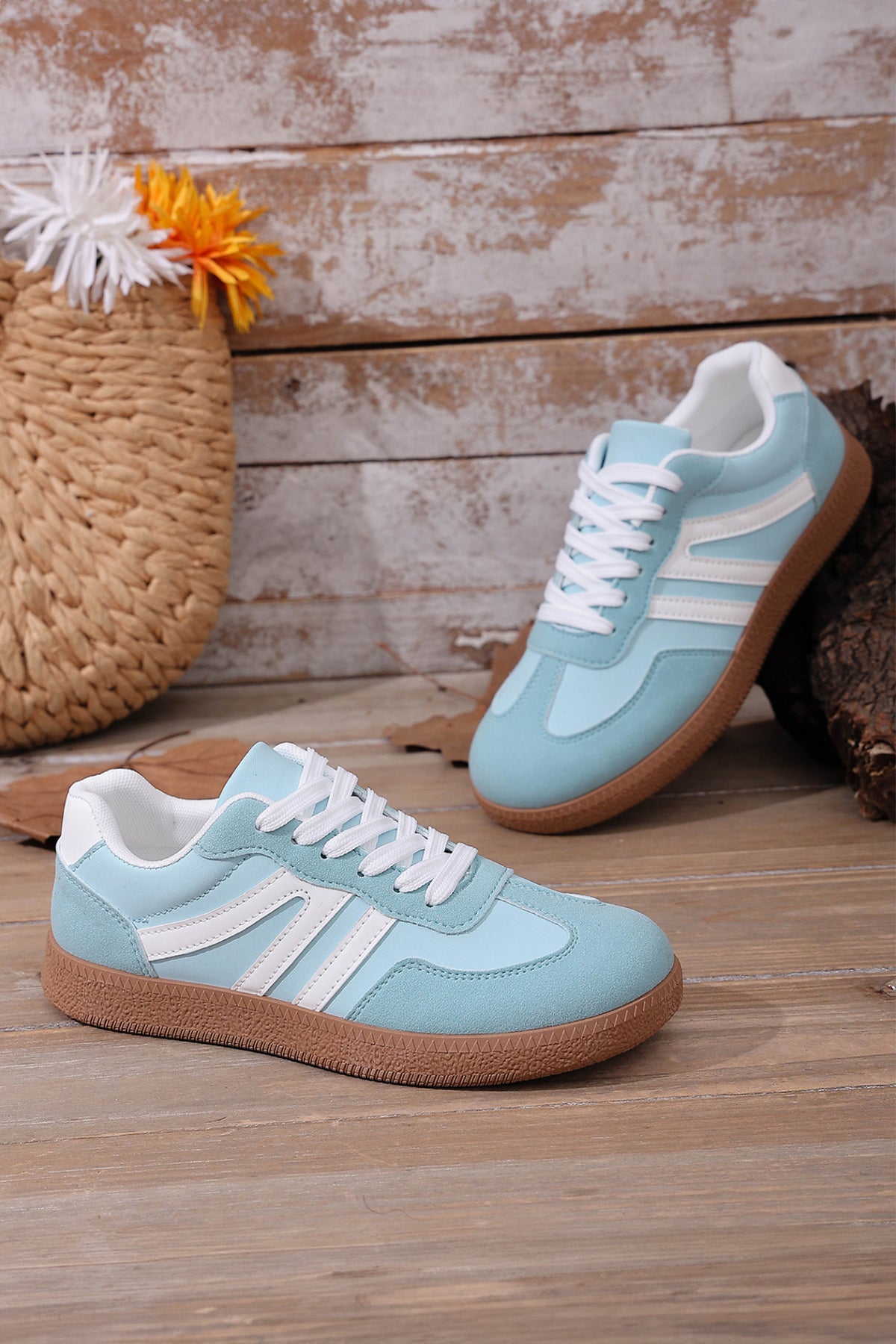 Dusk Blue Faux Suede PU Leather Color Block Patchwork Lace-up Sneakers