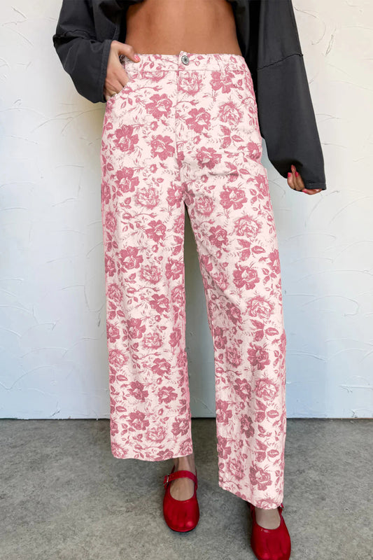 Pink Vintage Floral Print Denim Shift Pants
