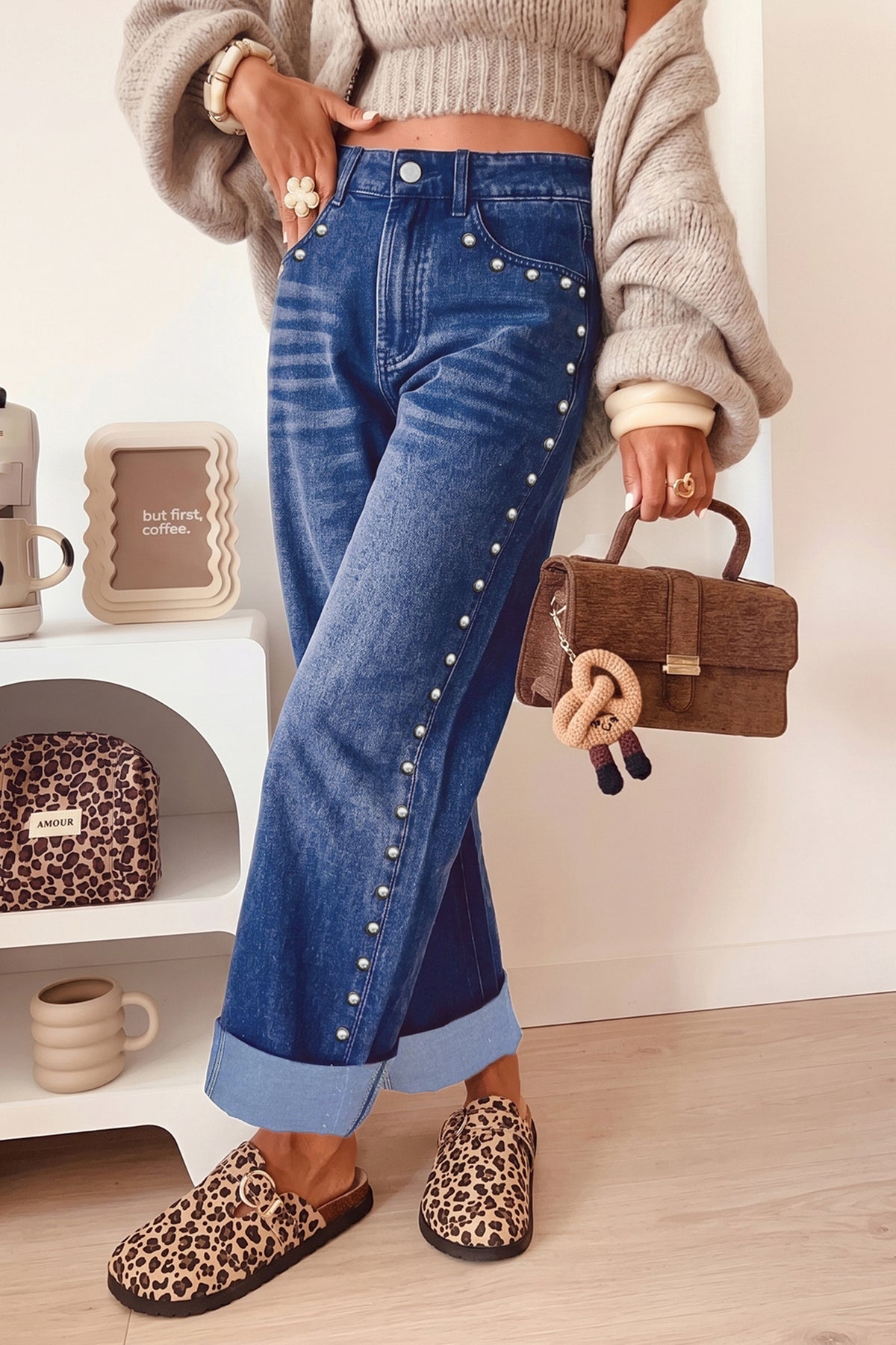 Coffee Studded Straight Leg Casual Loose Jeans
