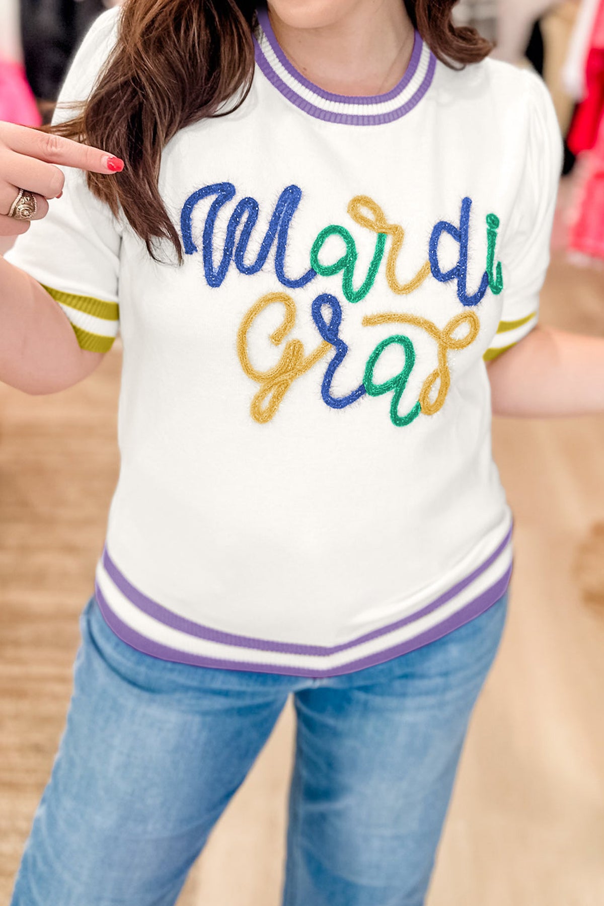 White Mardi Gras Tinsel Letter Graphic Short Sleeve Sweater