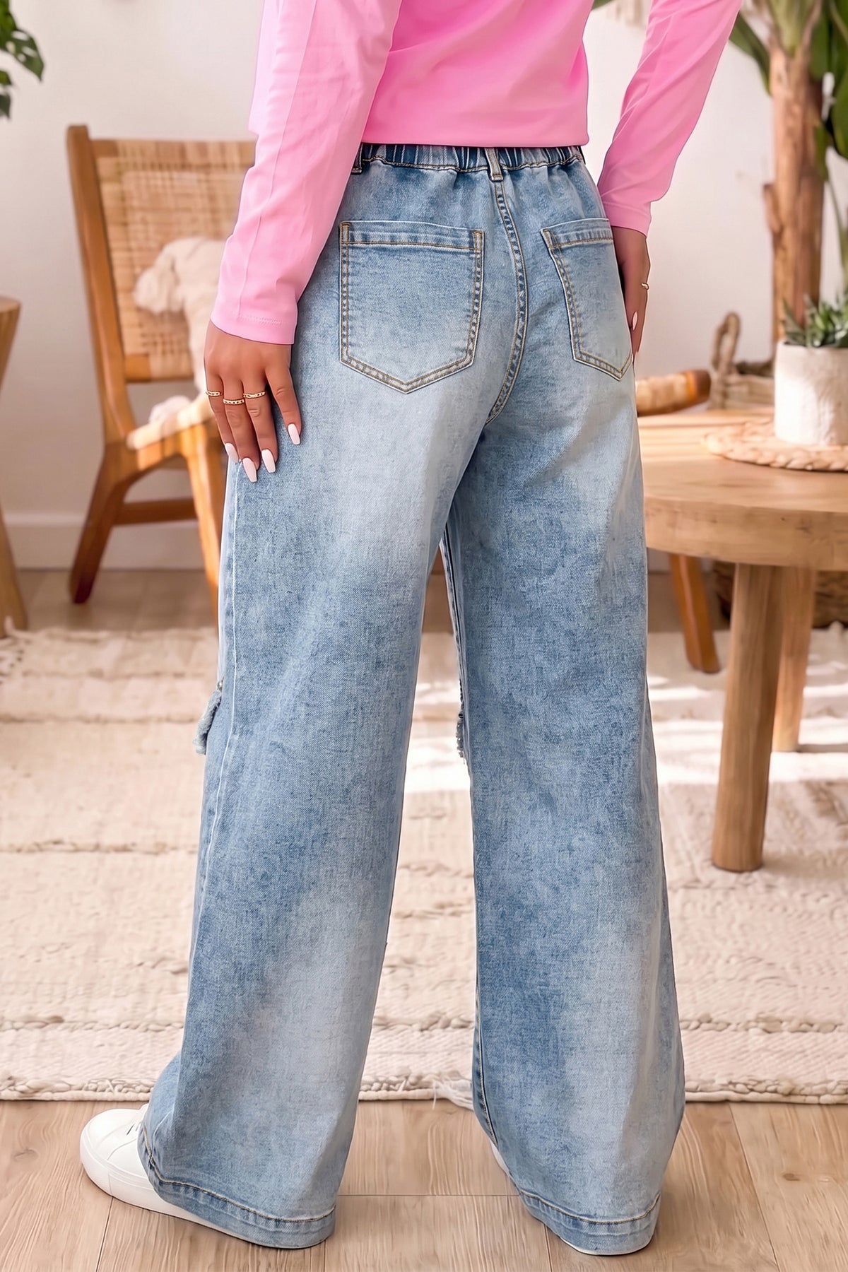 Beau Blue Frayed Studded Wide Leg Pocketed Jeans