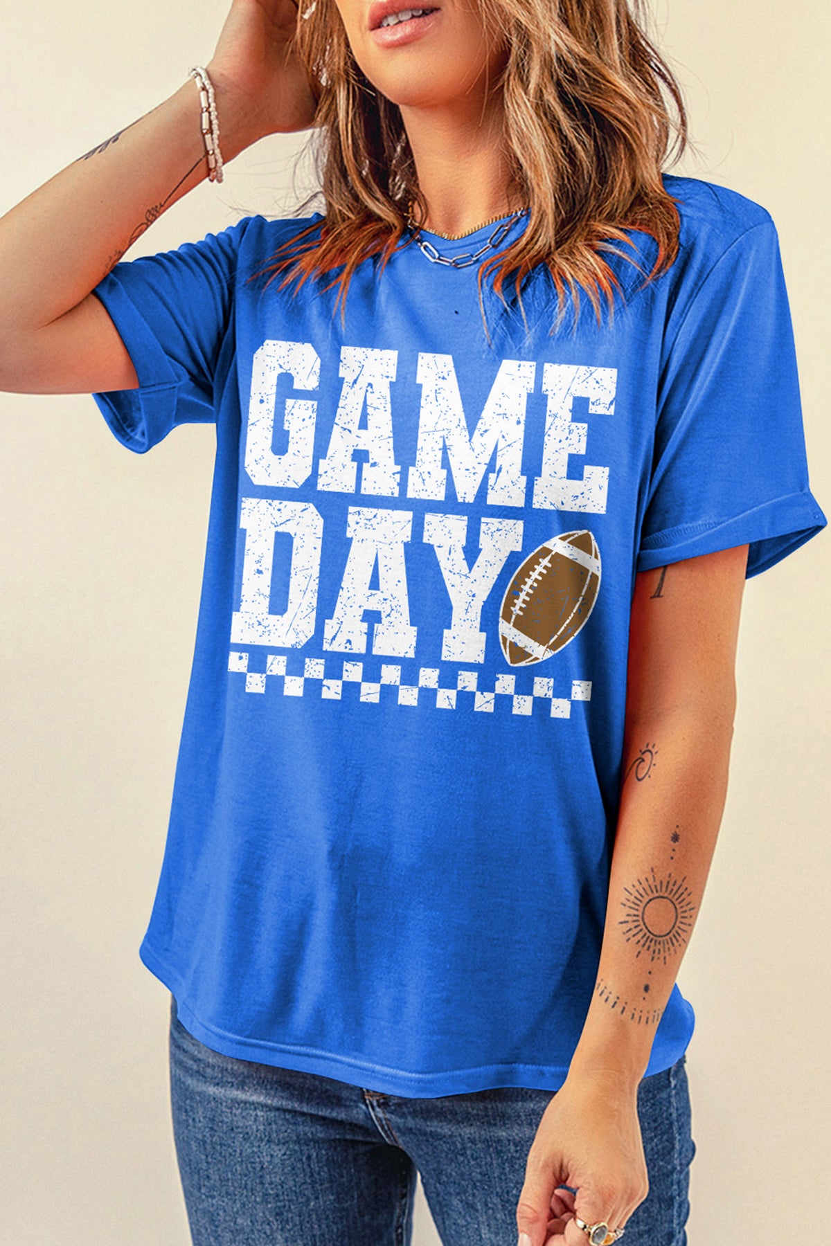 Dark Blue GAME DAY Checkered Print Rugby Graphic T-Shirt