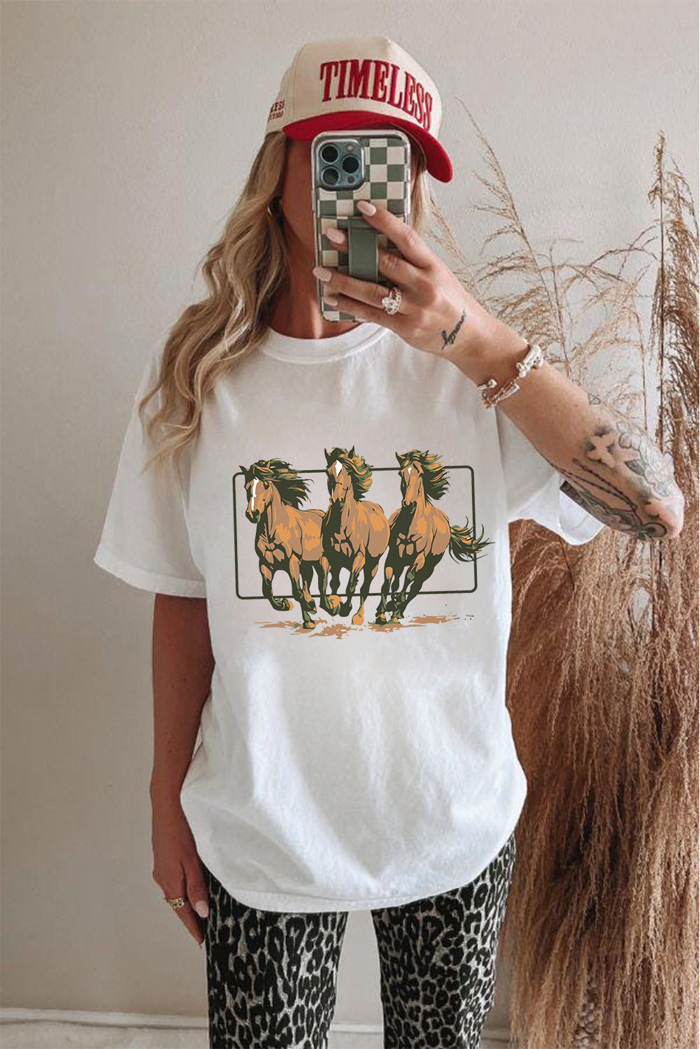 White Texas Horse Graphic Cuffed Sleeve Graphic T-Shirt