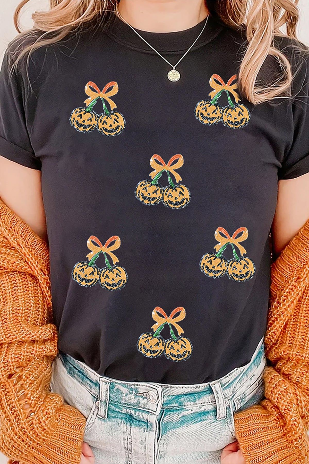 Black Sequin Pumpkin Cherry Graphic Round Neck Casual T-Shirt