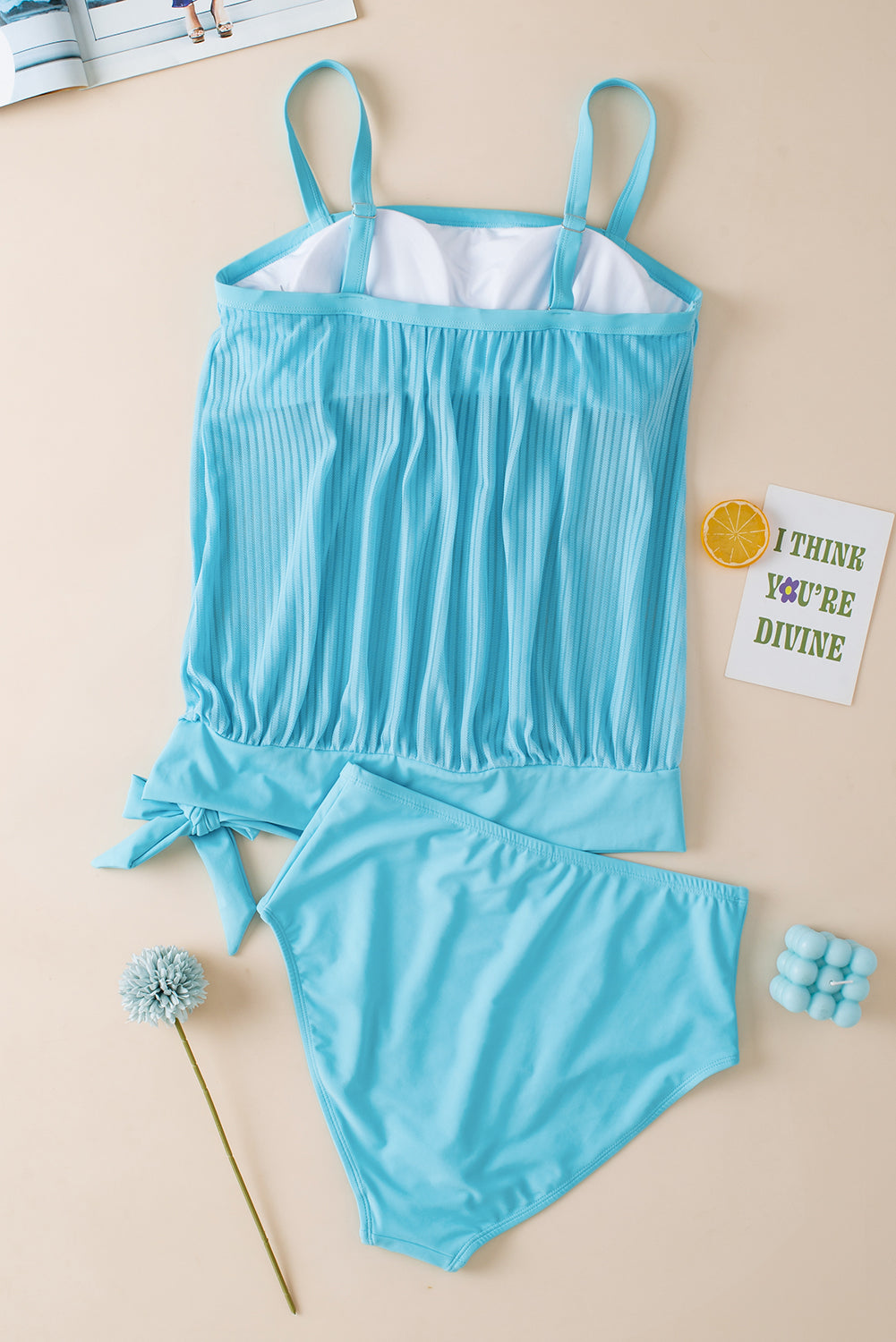 Turquoise Striped Mesh Tankini