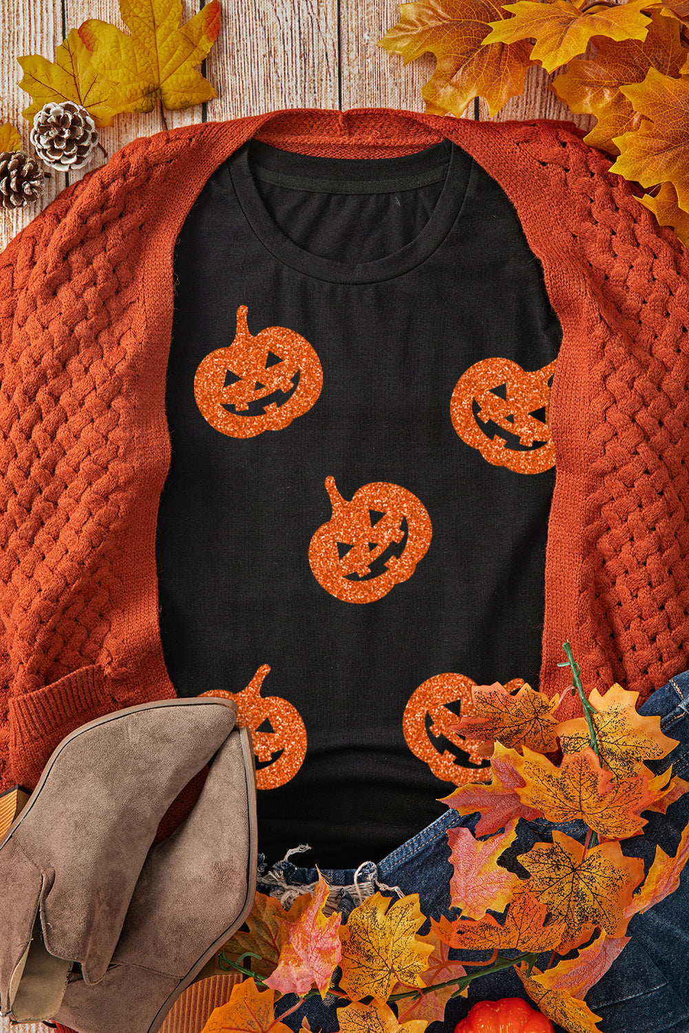 Black Glittering Pumpkin Face Graphic Crewneck Halloween T-Shirt