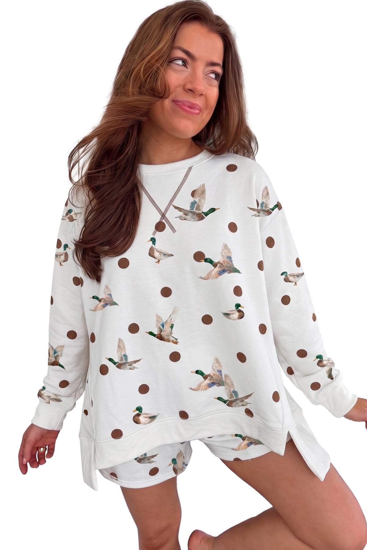 White Polka Dot Mallard Print Pullover and Shorts Set