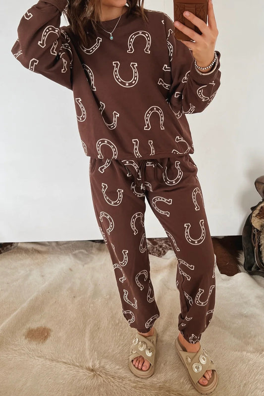 Brown Western Print Elastic Waist Pocket Pant Set