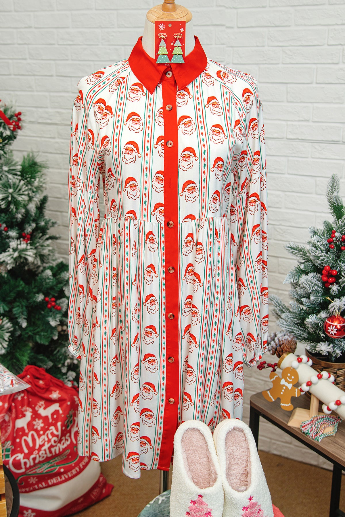 White Father Christmas Contrast Collar Long Sleeve A-line Mini Dress