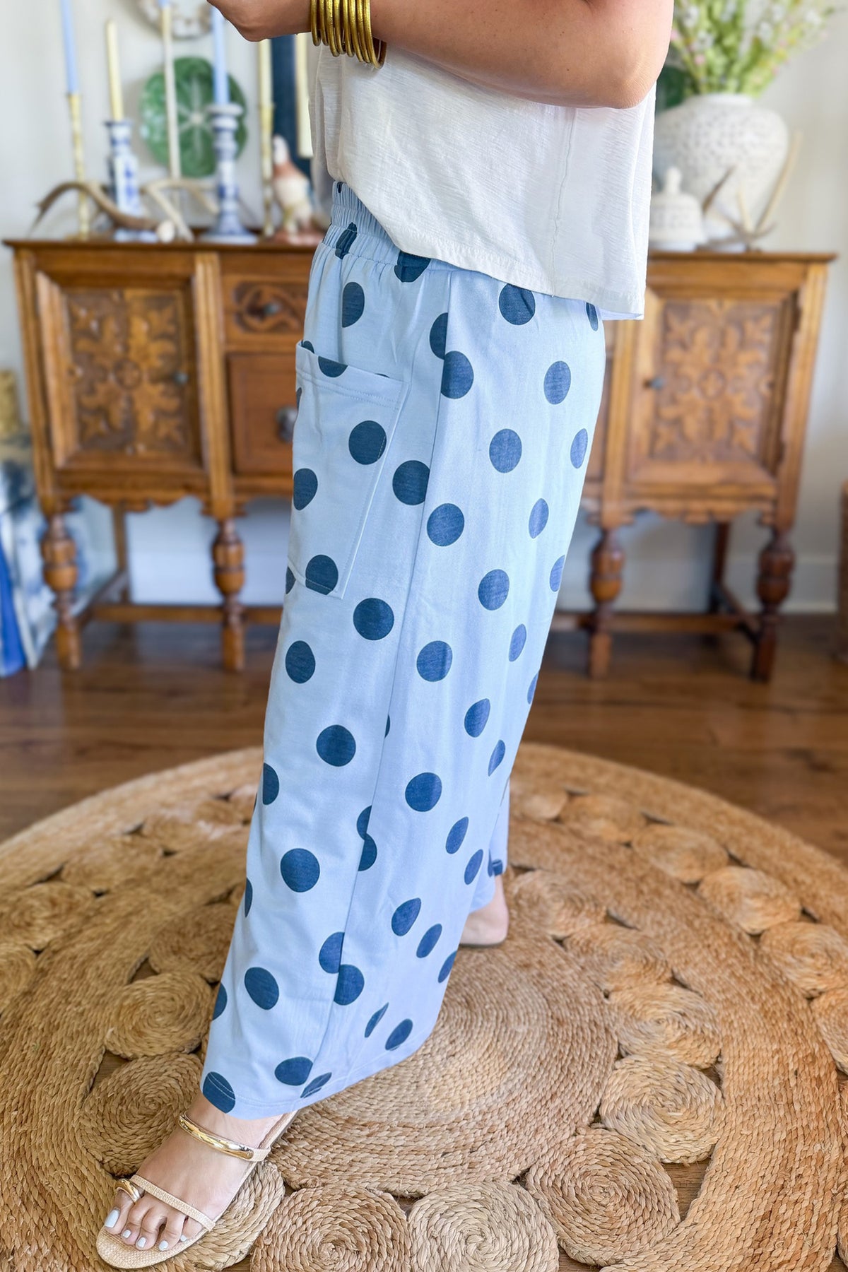 Khaki Polka Dot Elastic-Waist Wide-Leg Plus Size Pants