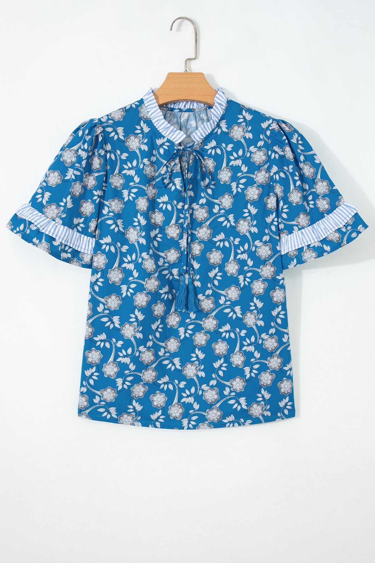 Blue Floral Print Button Tie Neck Striped Detail Short Sleeve Blouse