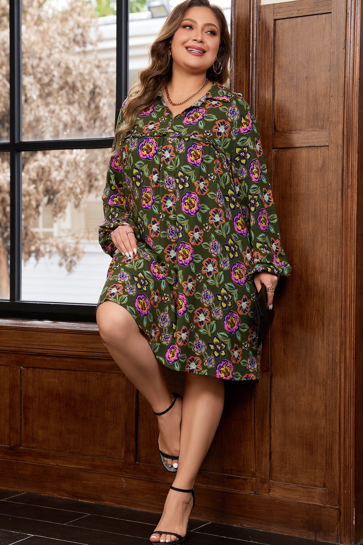 Green Plus Size Floral Print Collared V-Neck Loose Mini Dress