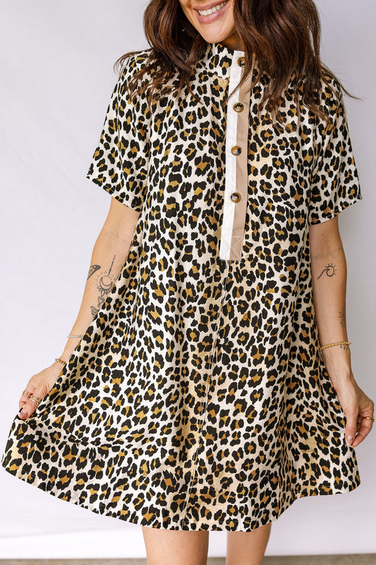Multicolour Half Buttons Short Sleeve Leopard Mini Dress with Pockets