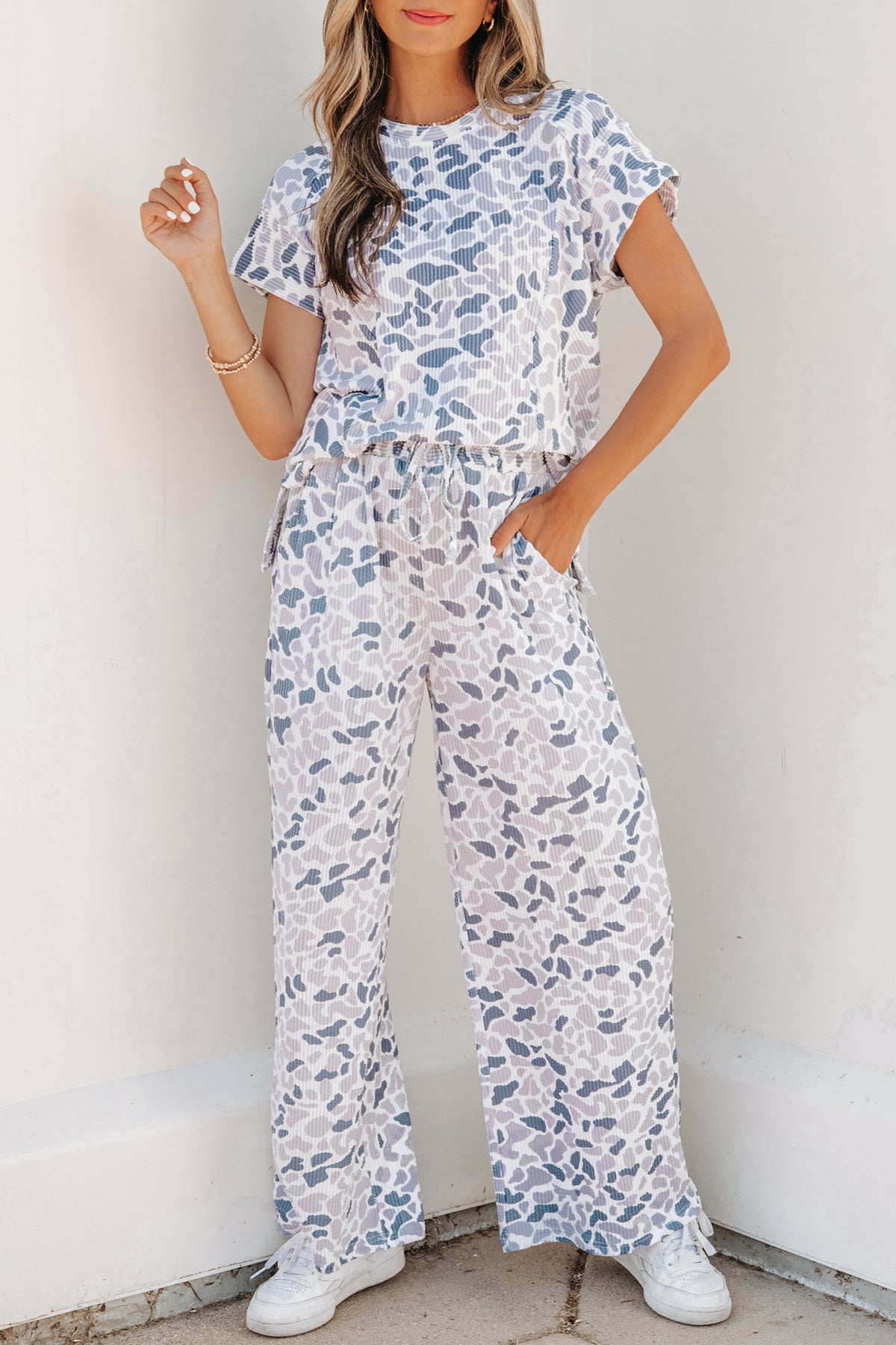 Women's Beige Camouflage Print Twisted Rib Tee Pants Set