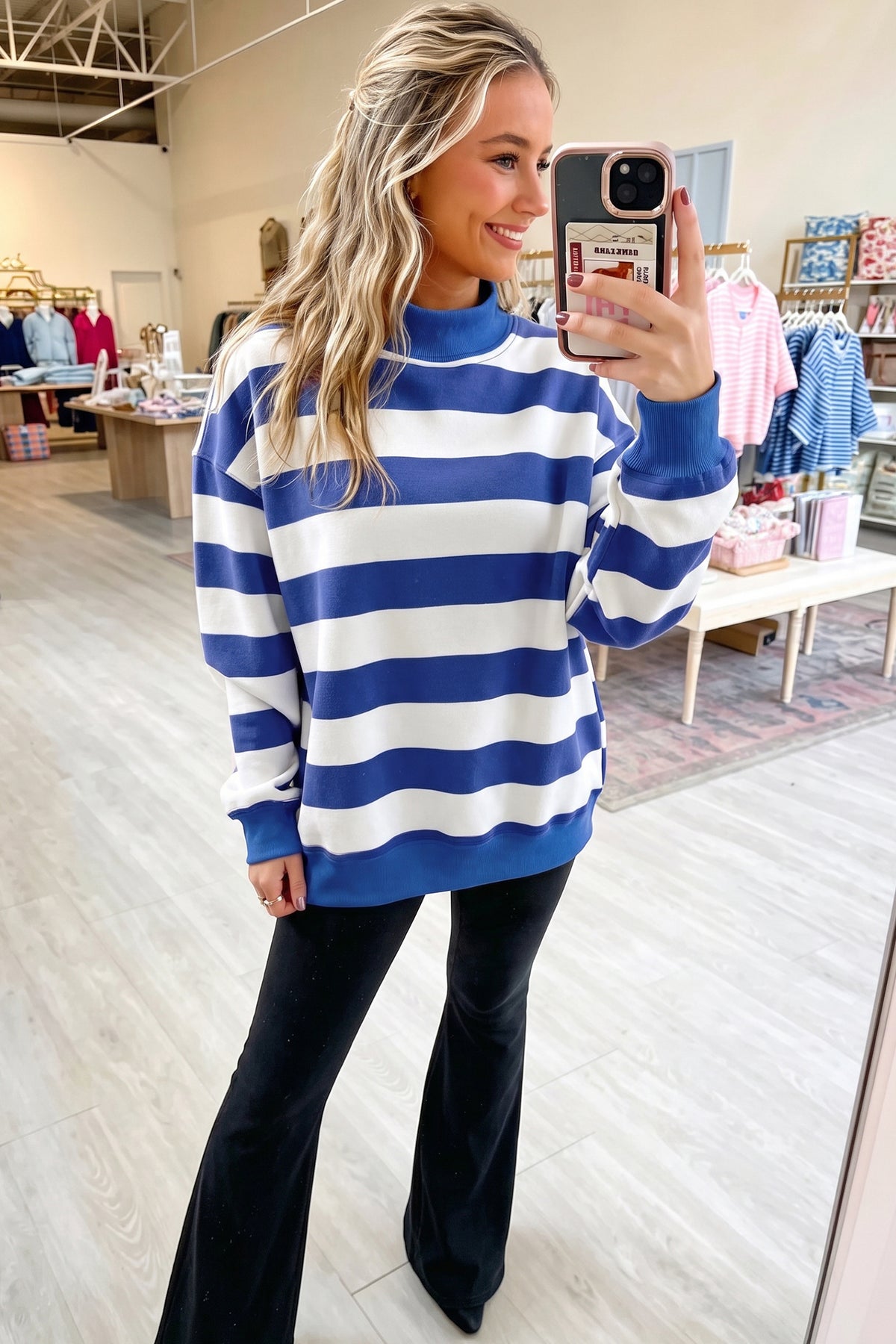 Orange Stripe Colorblock Mock Neck Sweatshirt