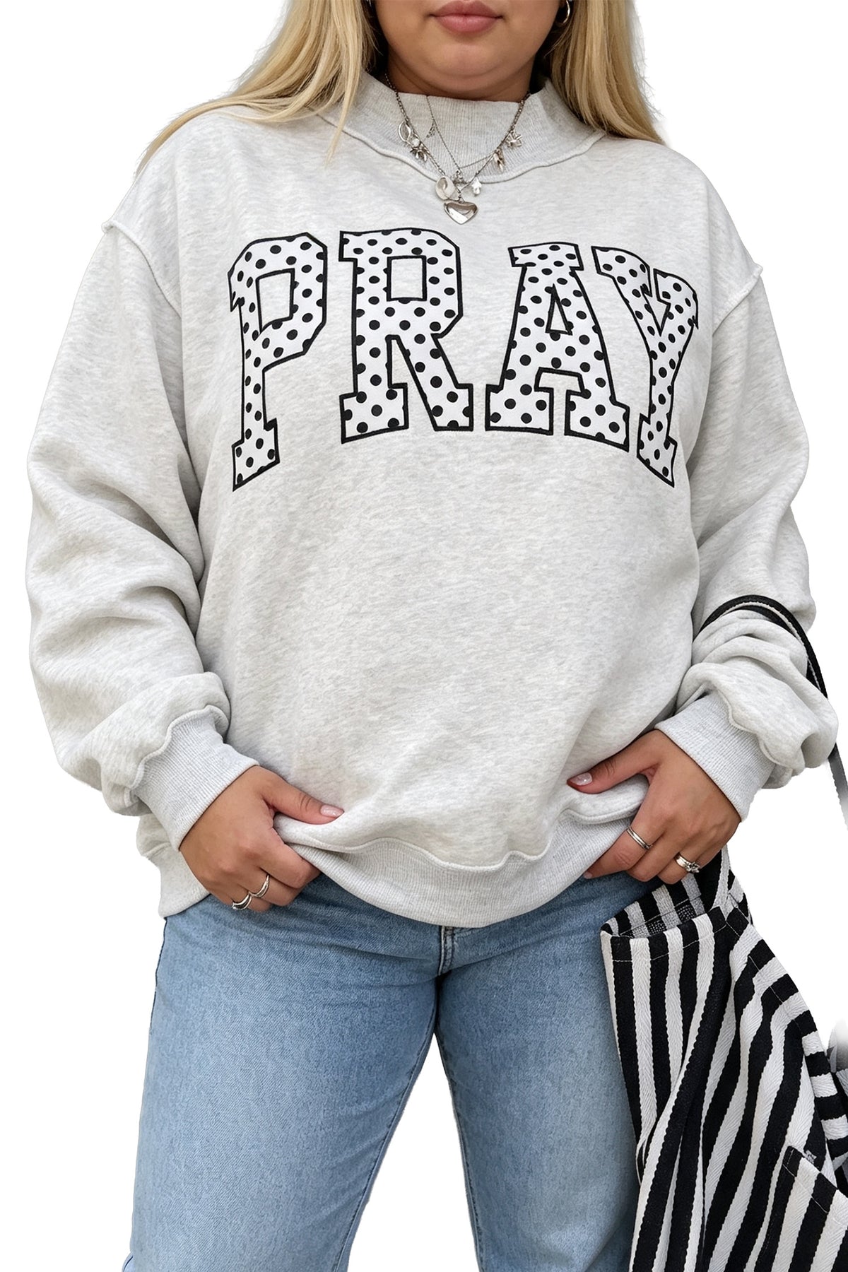 Gray PRAY Polka Dot Letter Print Mock Neck Plus Sweatshirt