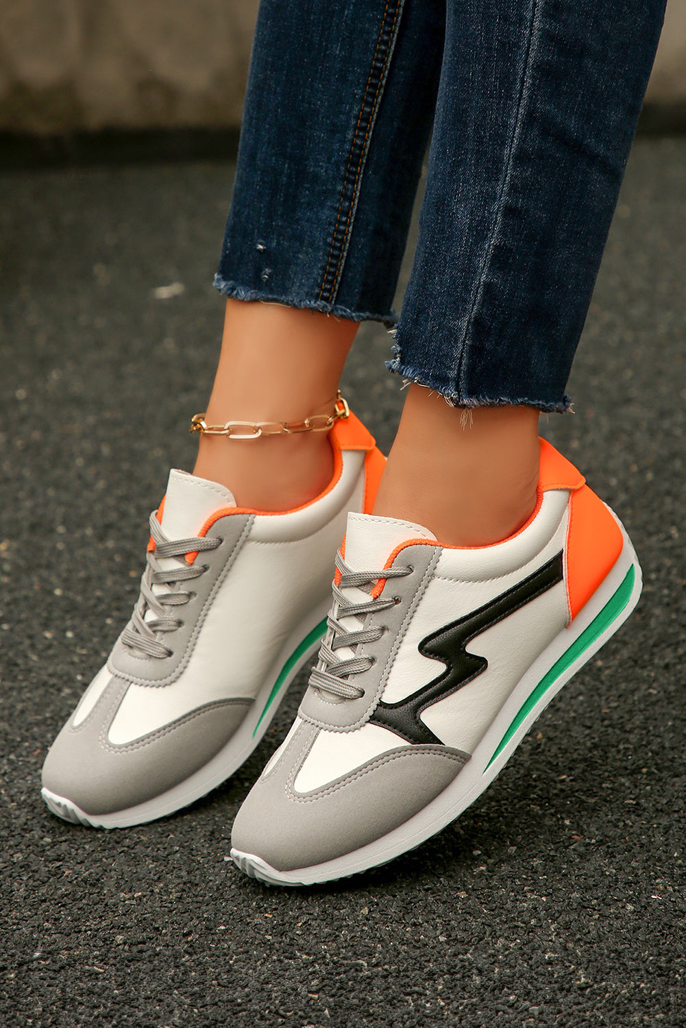 White PU Leather Color Block Patchwork Lace-Up Sneakers
