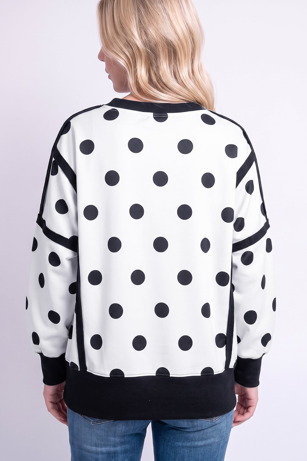 White Polka Dot Contrast Patchwork Round Neck Sweatshirt