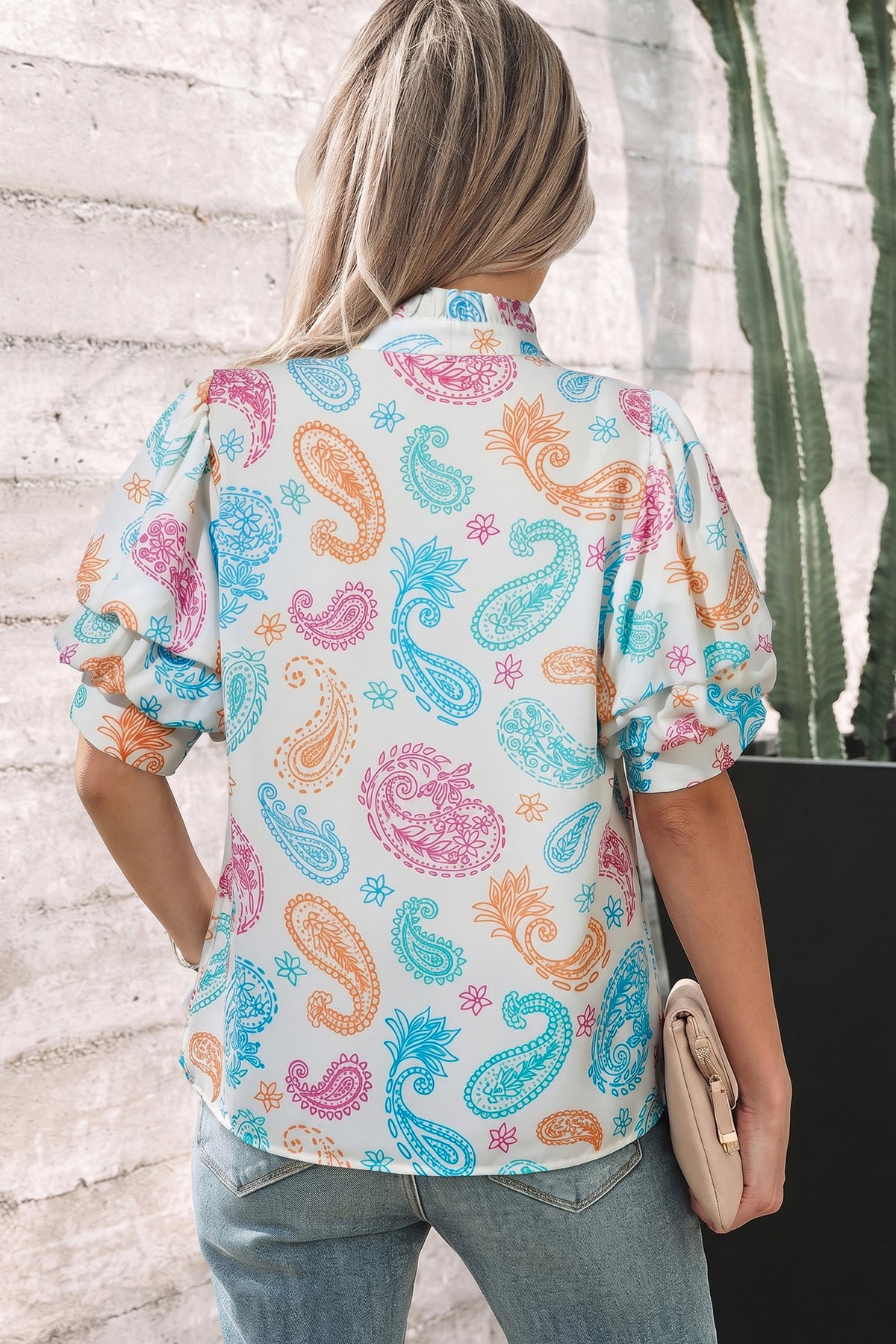 Multicolour Vibrant Paisley Button Keyhole Puff Sleeve Blouse