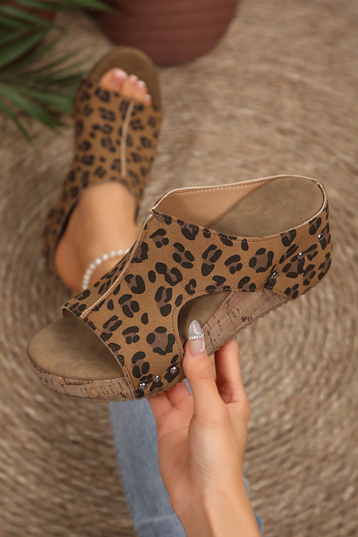 Chestnut Leopard Studded Cutout Wedge Sandals