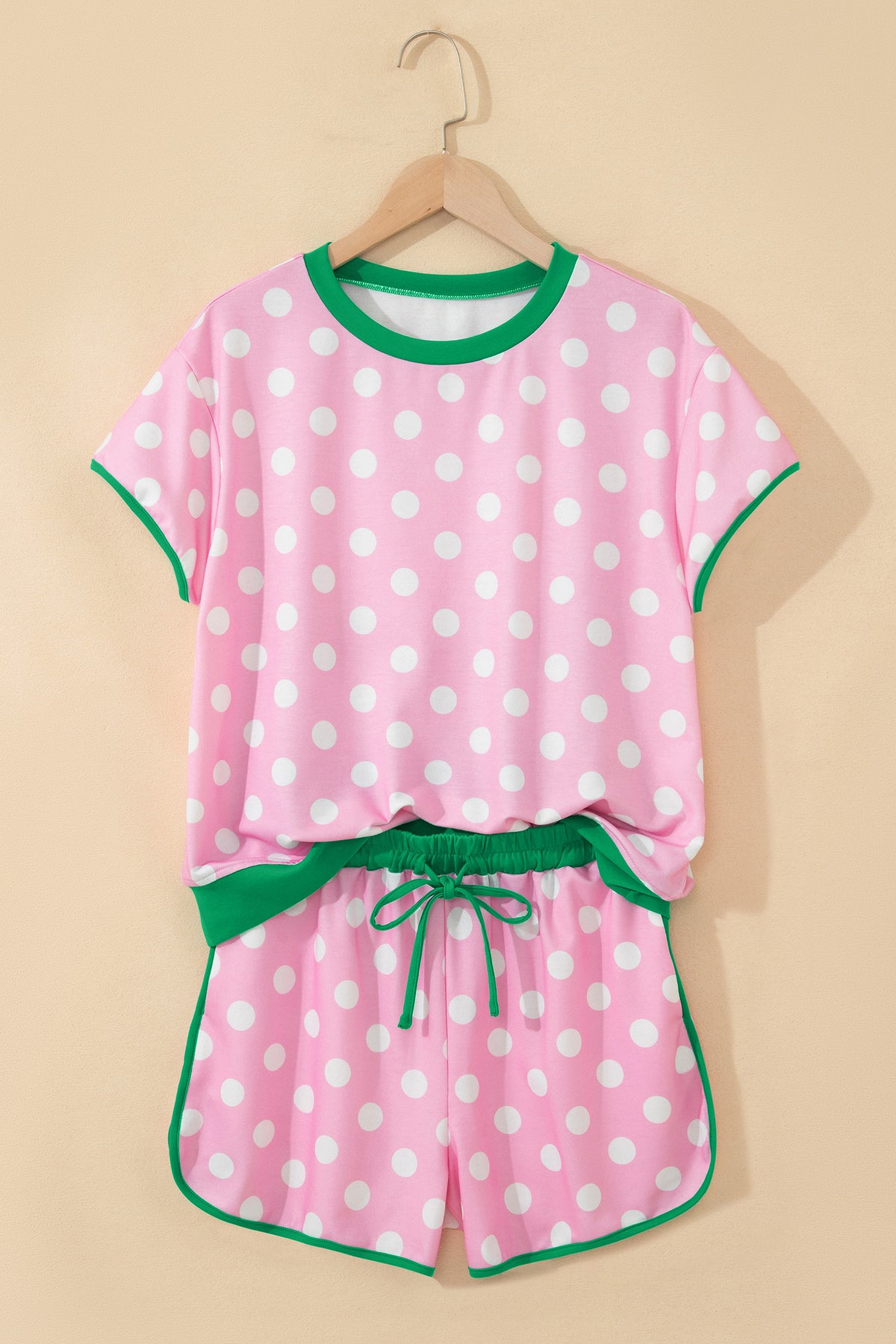Women's Pink Polka Dot Contrast Edge Shorts Two-Piece Set