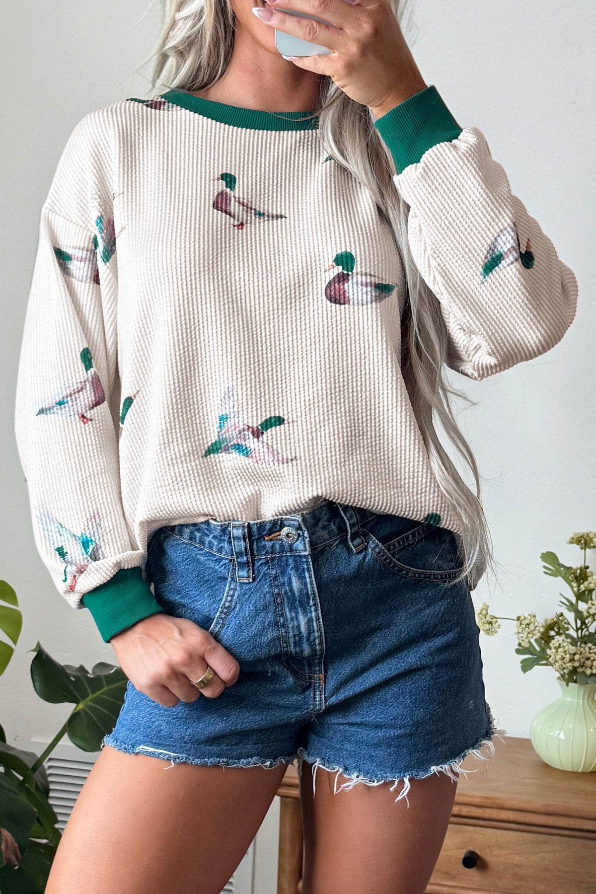 Beige Twisted Ribbed Duck Print Crewneck Top