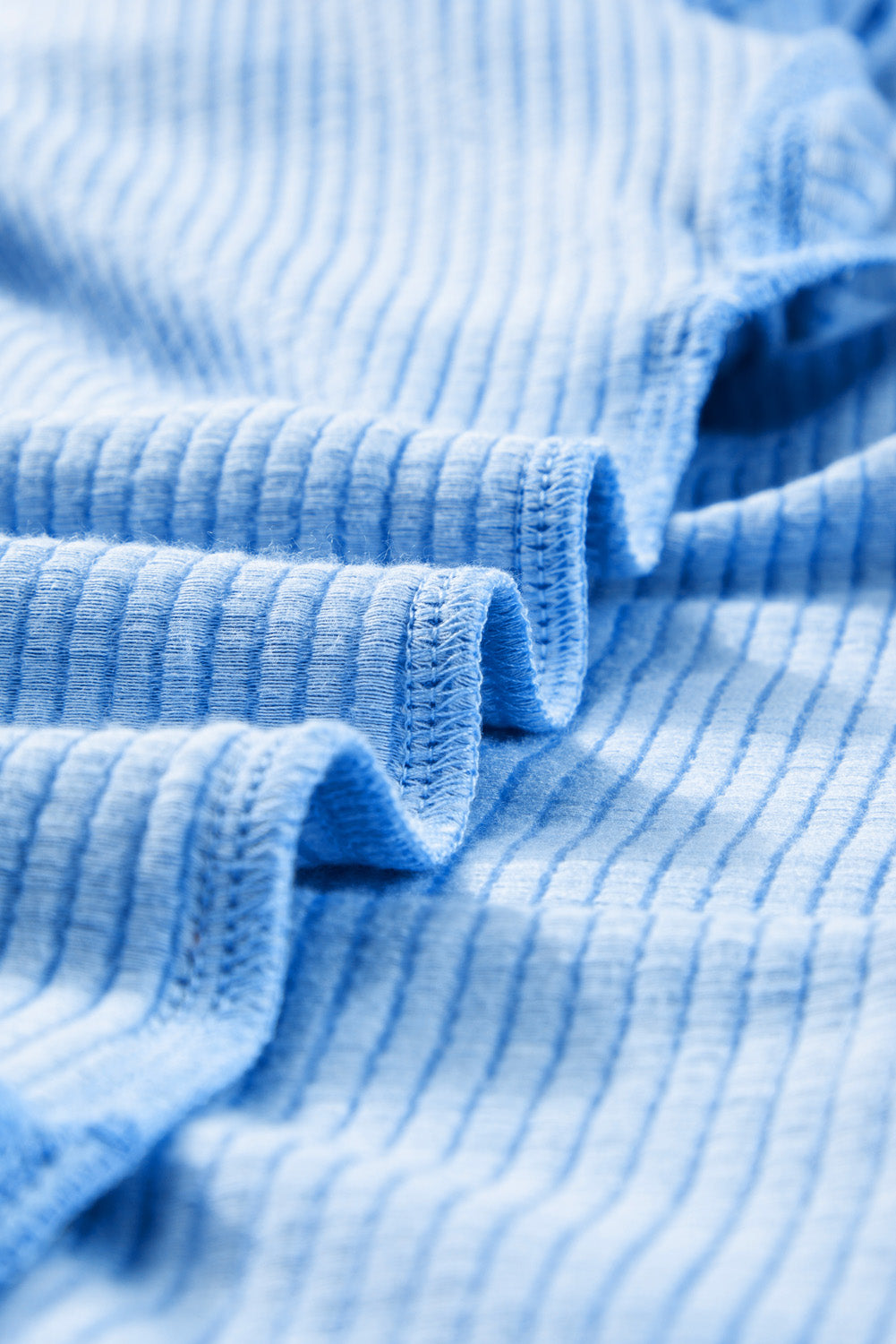 Light Blue Plus Size Ribbed Long-Sleeve Top and Drawstring Shorts Set