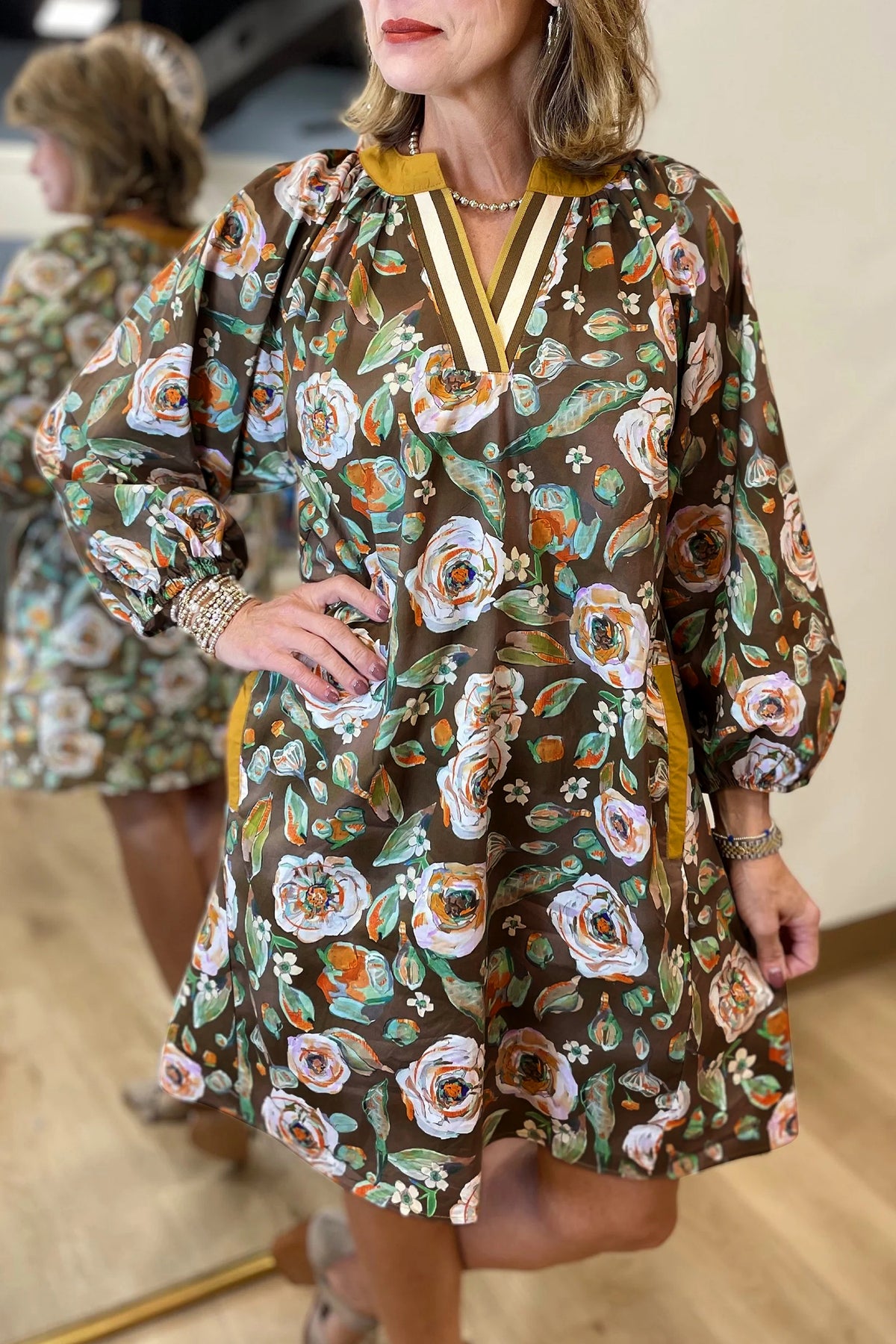 Brown Floral Print V Neck Pocketed Long Sleeve Mini Dress