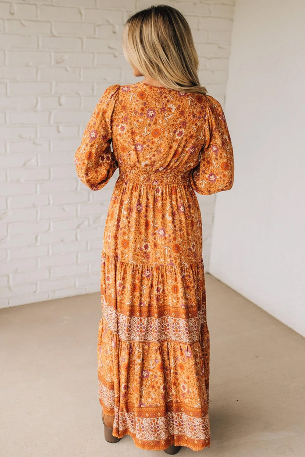 Orange Floral Print Smocked Waist Long Sleeve Boho Maxi Dress