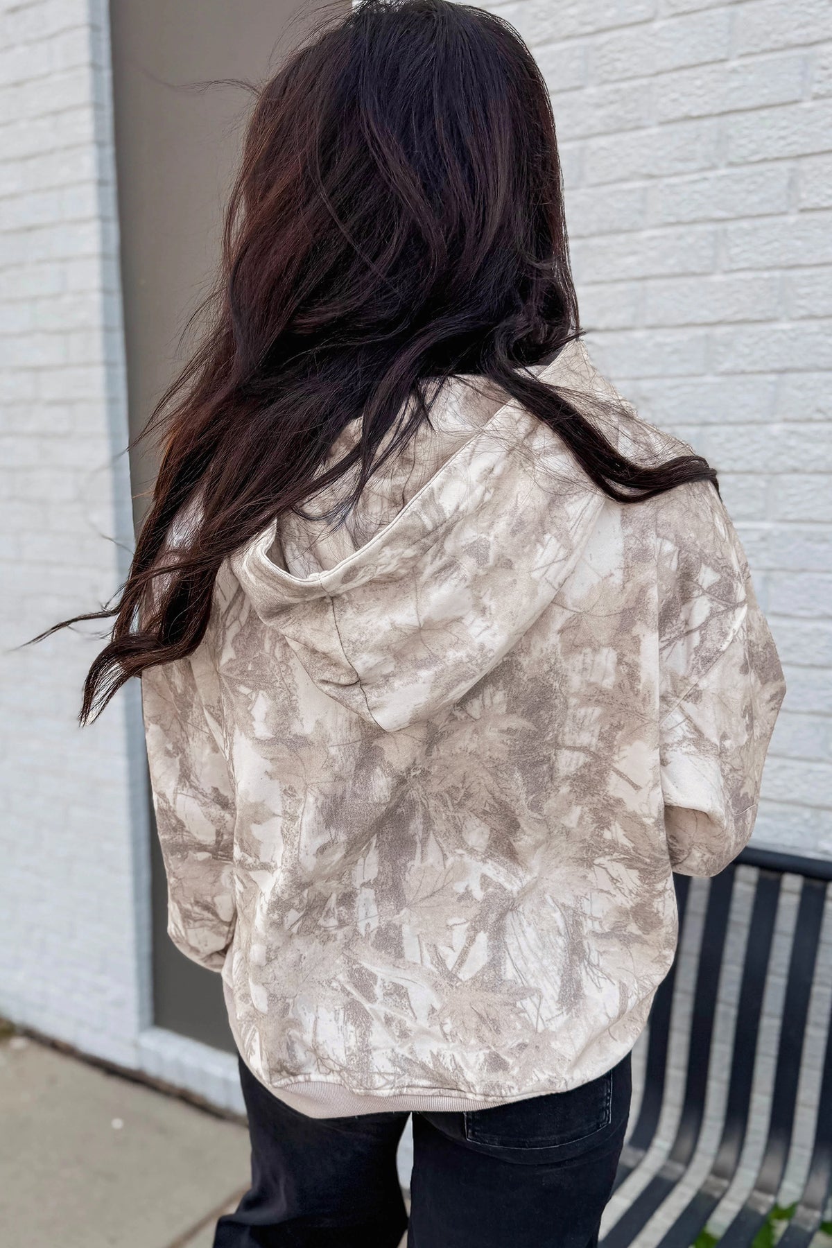 Gray Abstract Print Ribbed Cuffs Hem Hoodie