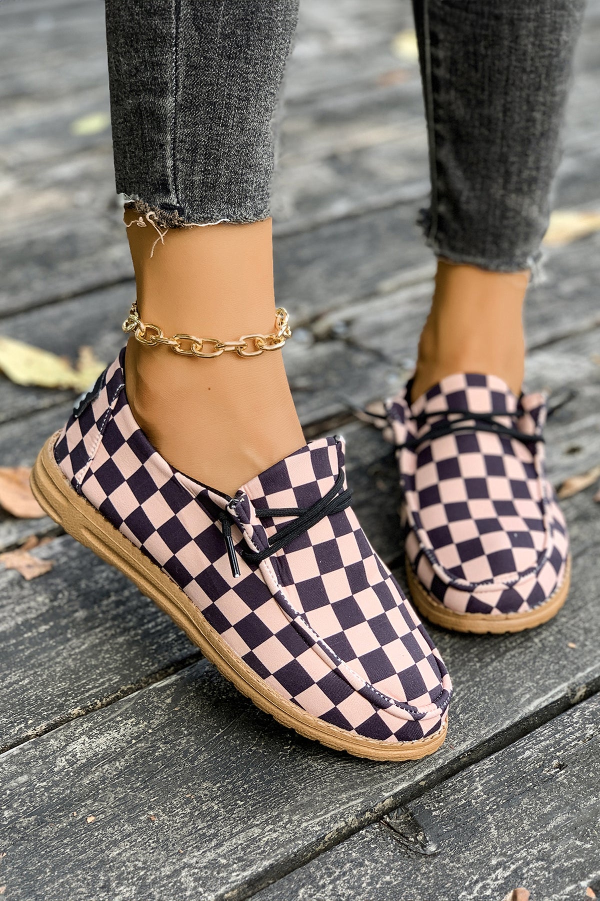Dark Brown Checkered Print PU Leather Lace-Up Sneakers