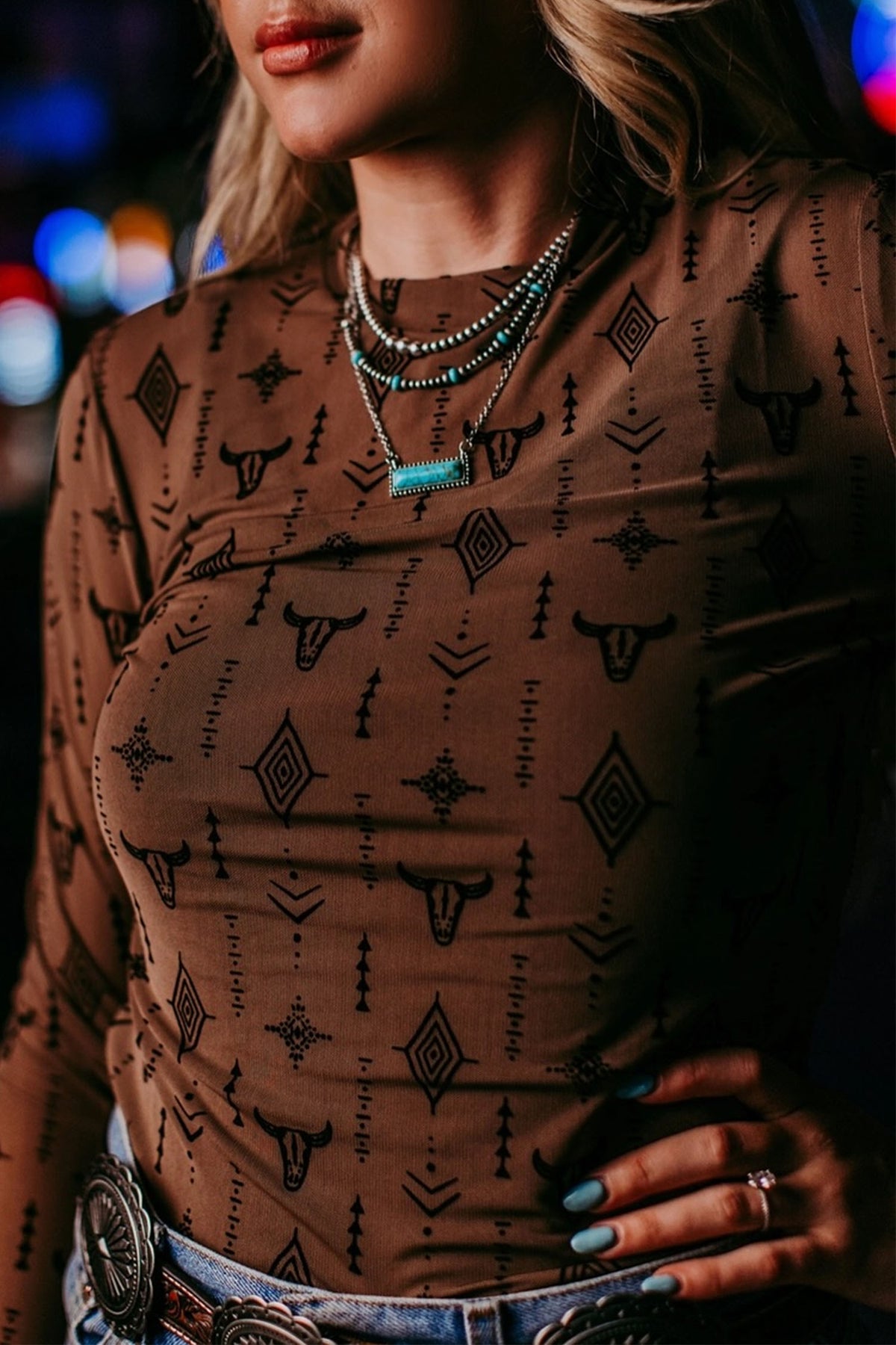 Chestnut Retro Western Print Mesh Sheath Top