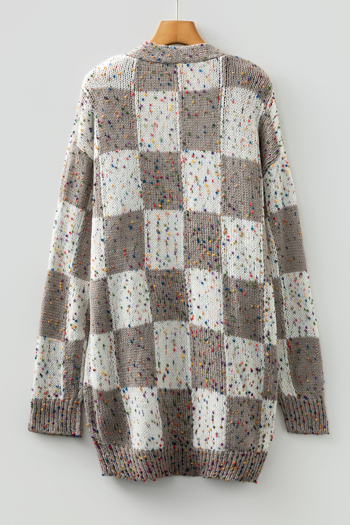 Brown Confetti Dot Checkered Print Open Cardigan with Pockets