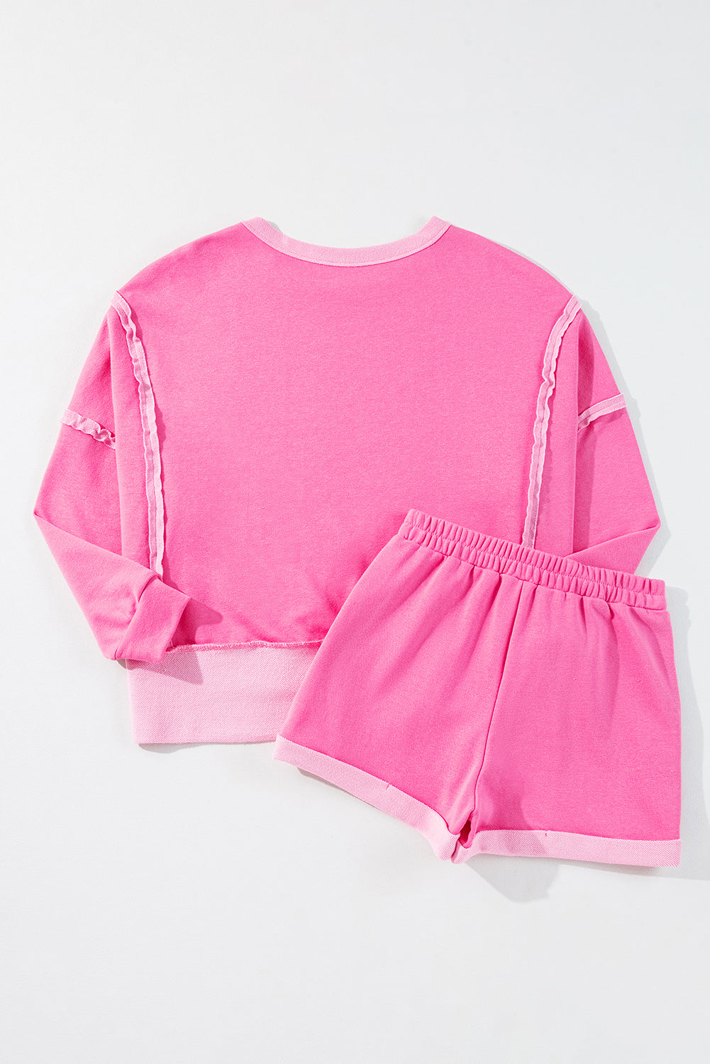 Women's Sachet Pink High Low Patchwork Long-Sleeve Top & Shorts Set