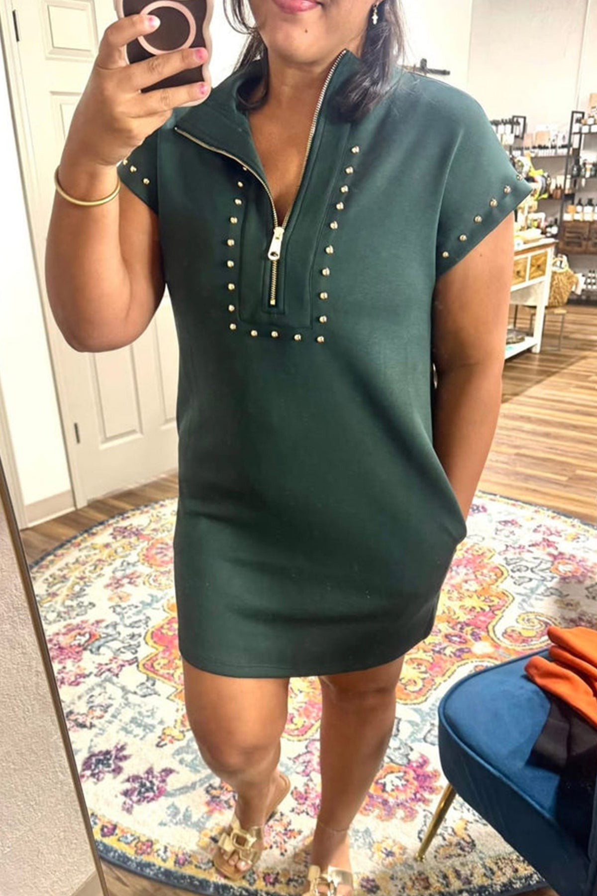 Evergreen Plus Size Glow Studded Zip up T-Shirt Dress with Pockets