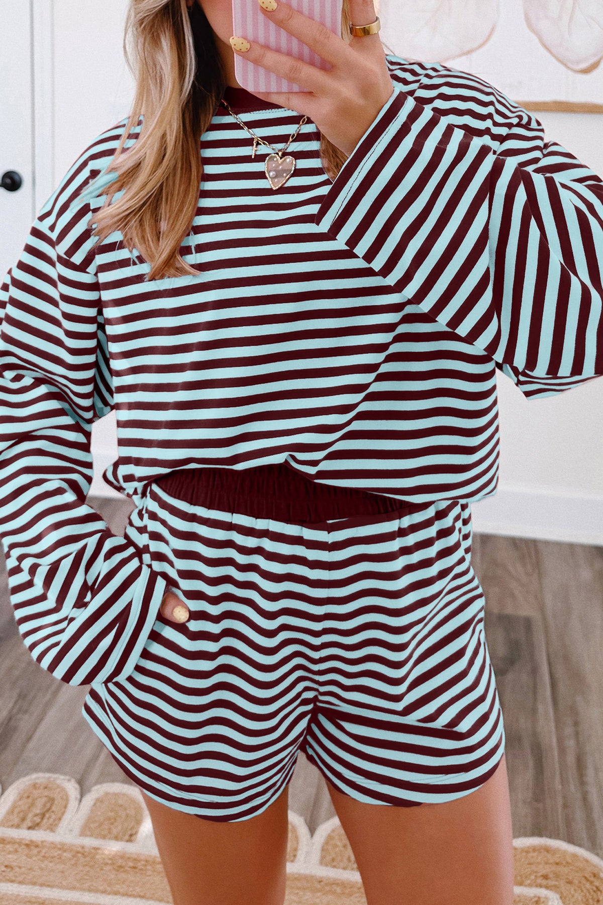 Brown Stripe Puff Sleeve Top and Elastic Waist Shorts Set