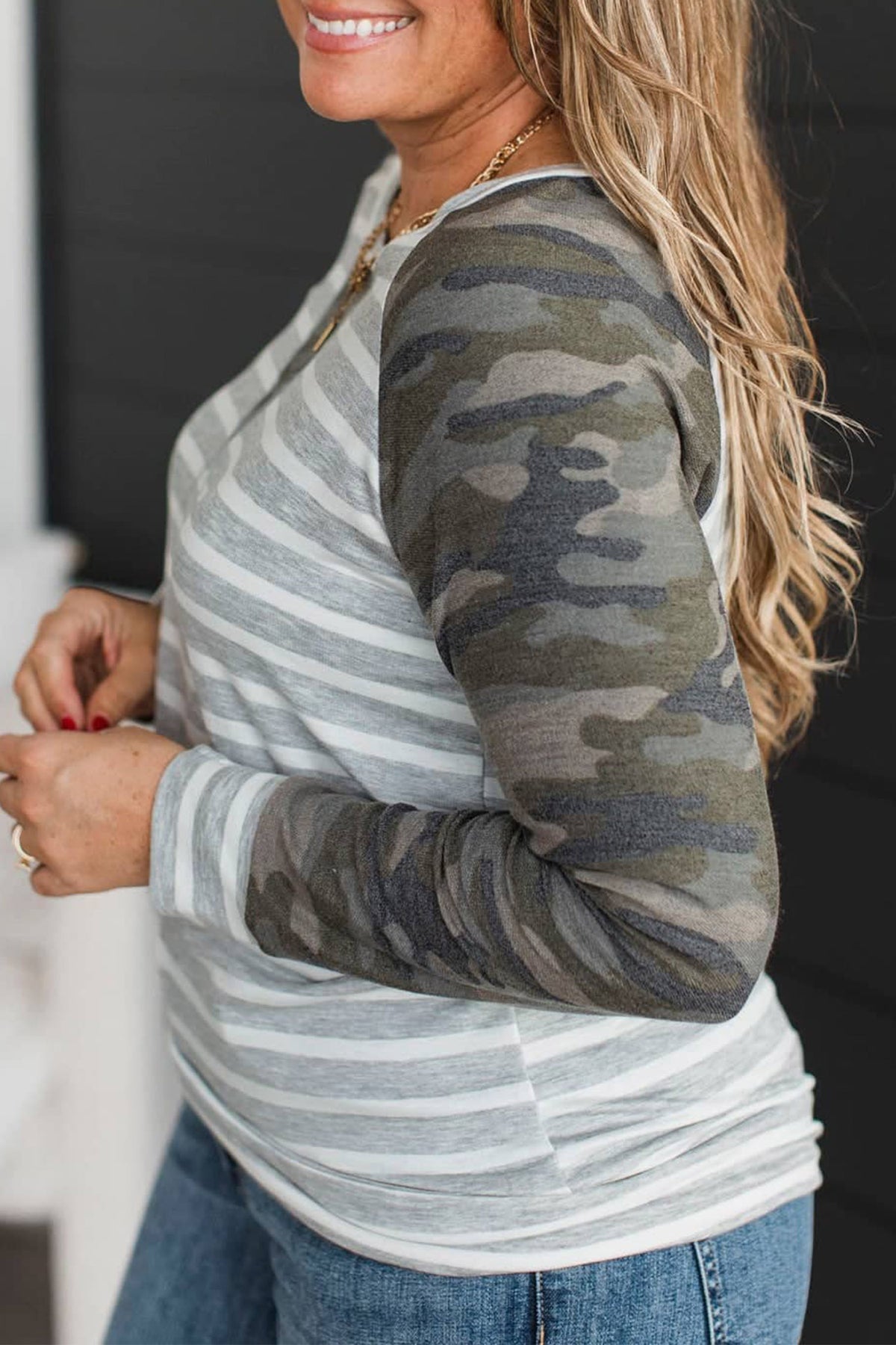 Gray Stripe Camo Sleeve Striped Color-Block Round-Neck Long-Sleeve Plus Size Blouse
