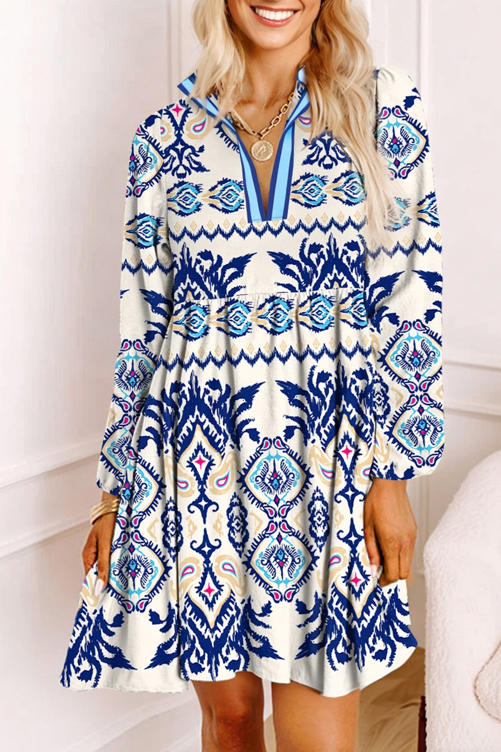 Blue Ethnic Print Striped Split Neck Long Sleeve Flowy Mini Dress