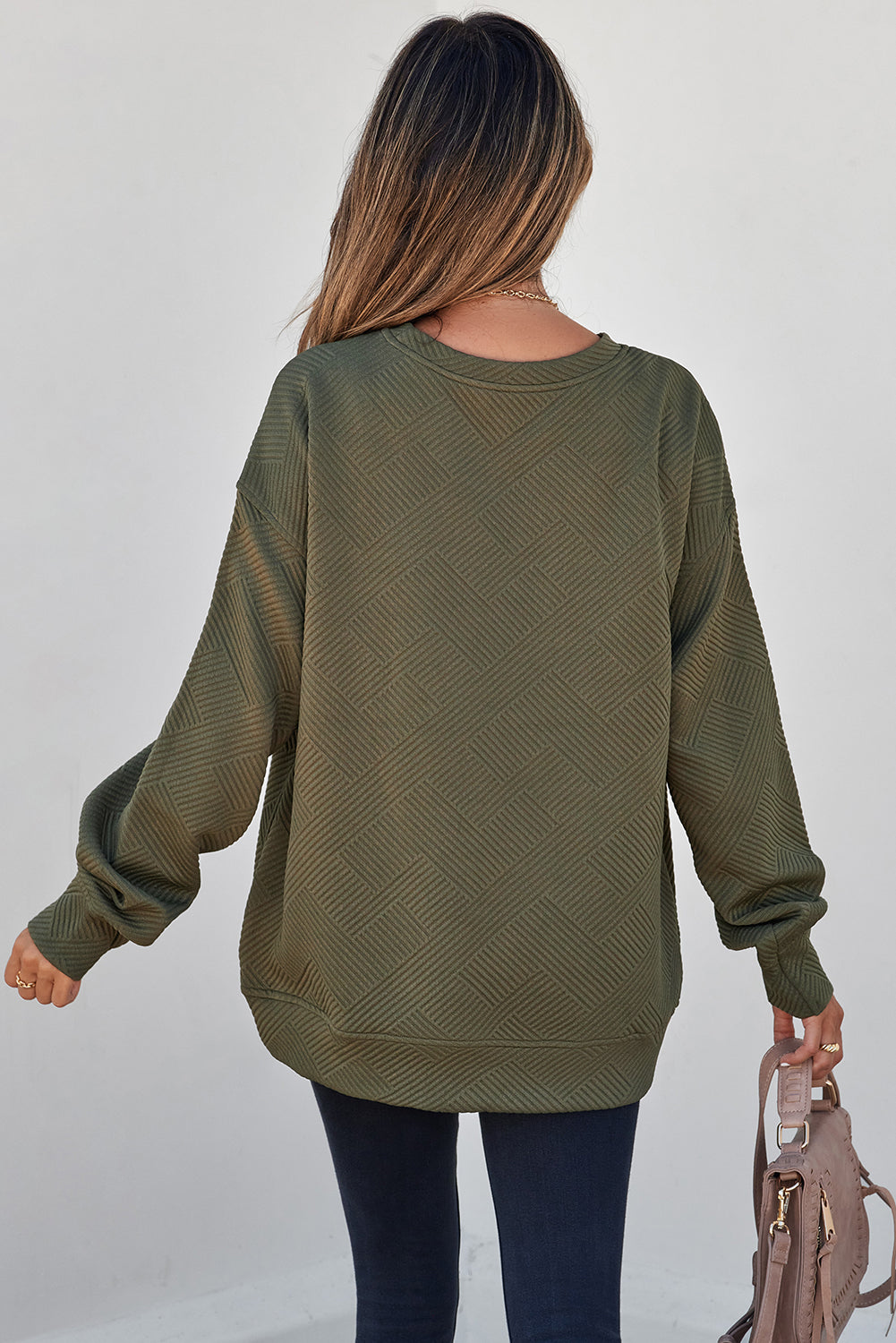White Solid Color Textured Round Neck Sweatshirt