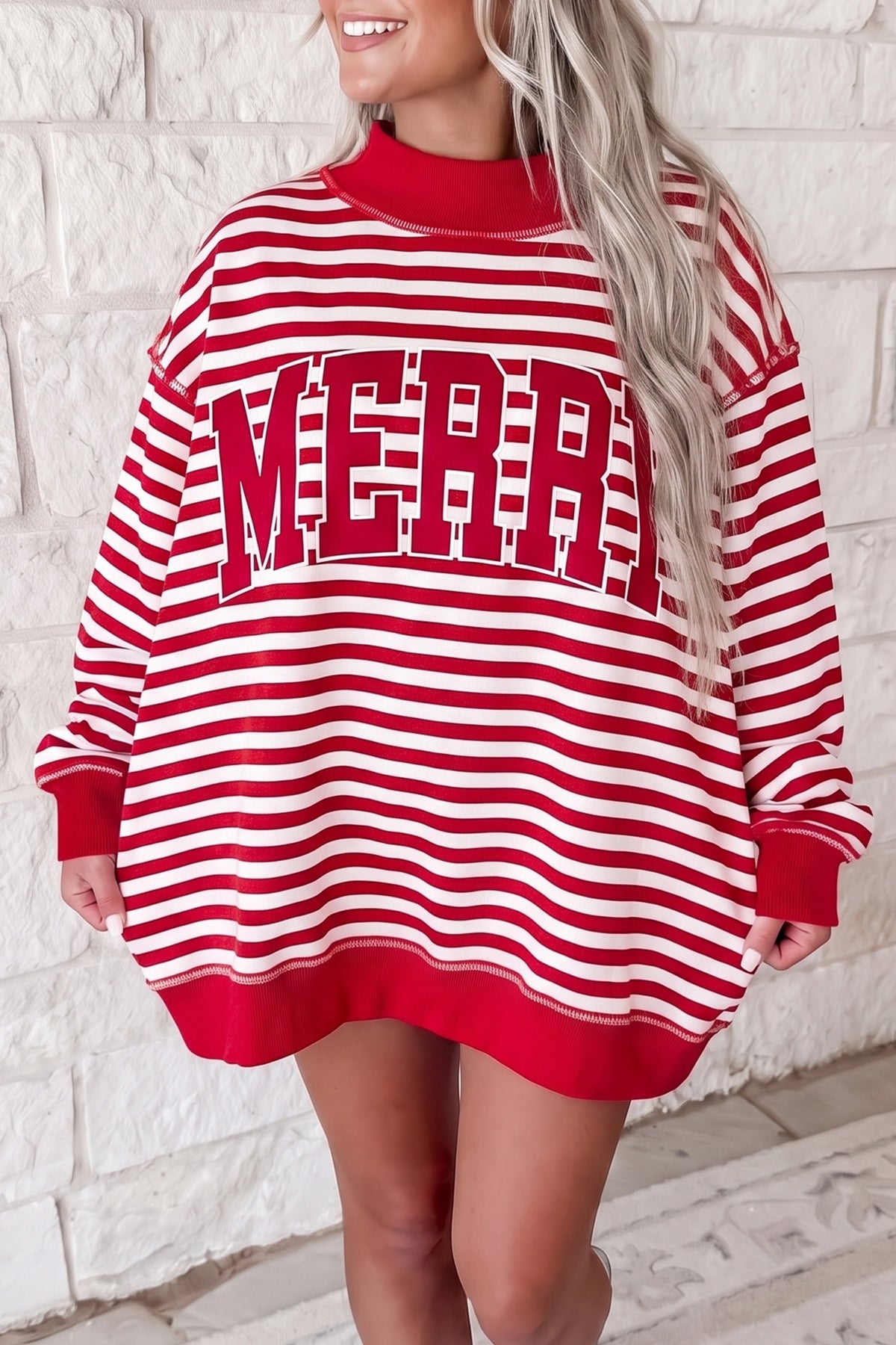 Red Stripe Christmas Slogan Mock Neck Oversized Sweatshirt