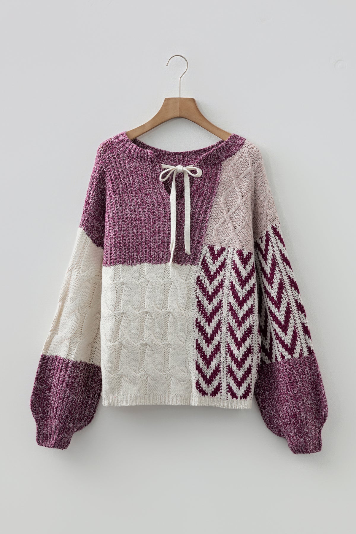 Brown Color Block Patchwork Knotted Back Loose Fit Sweater