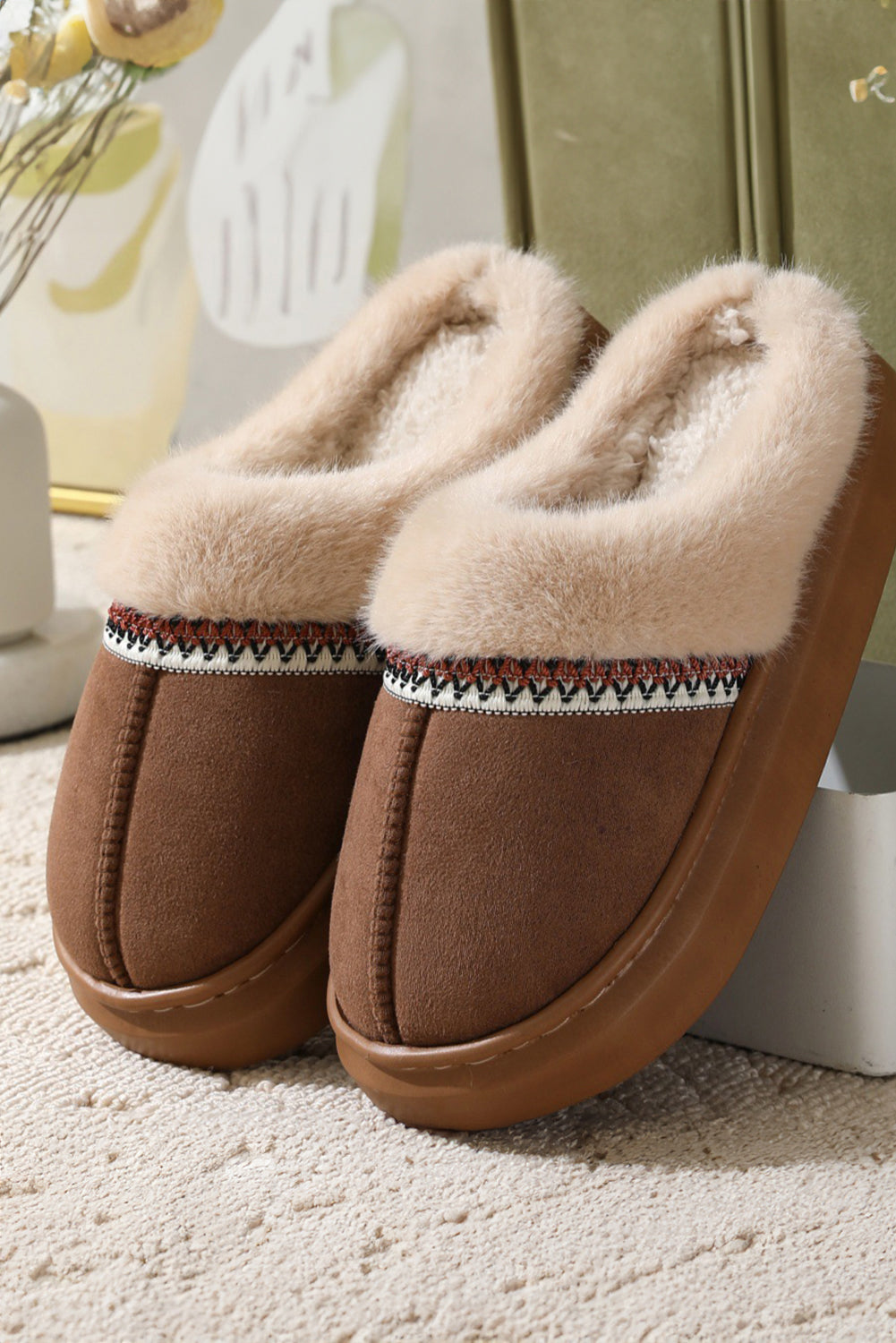 Coffee Western Woven Faux Suede Furry Home Slippers