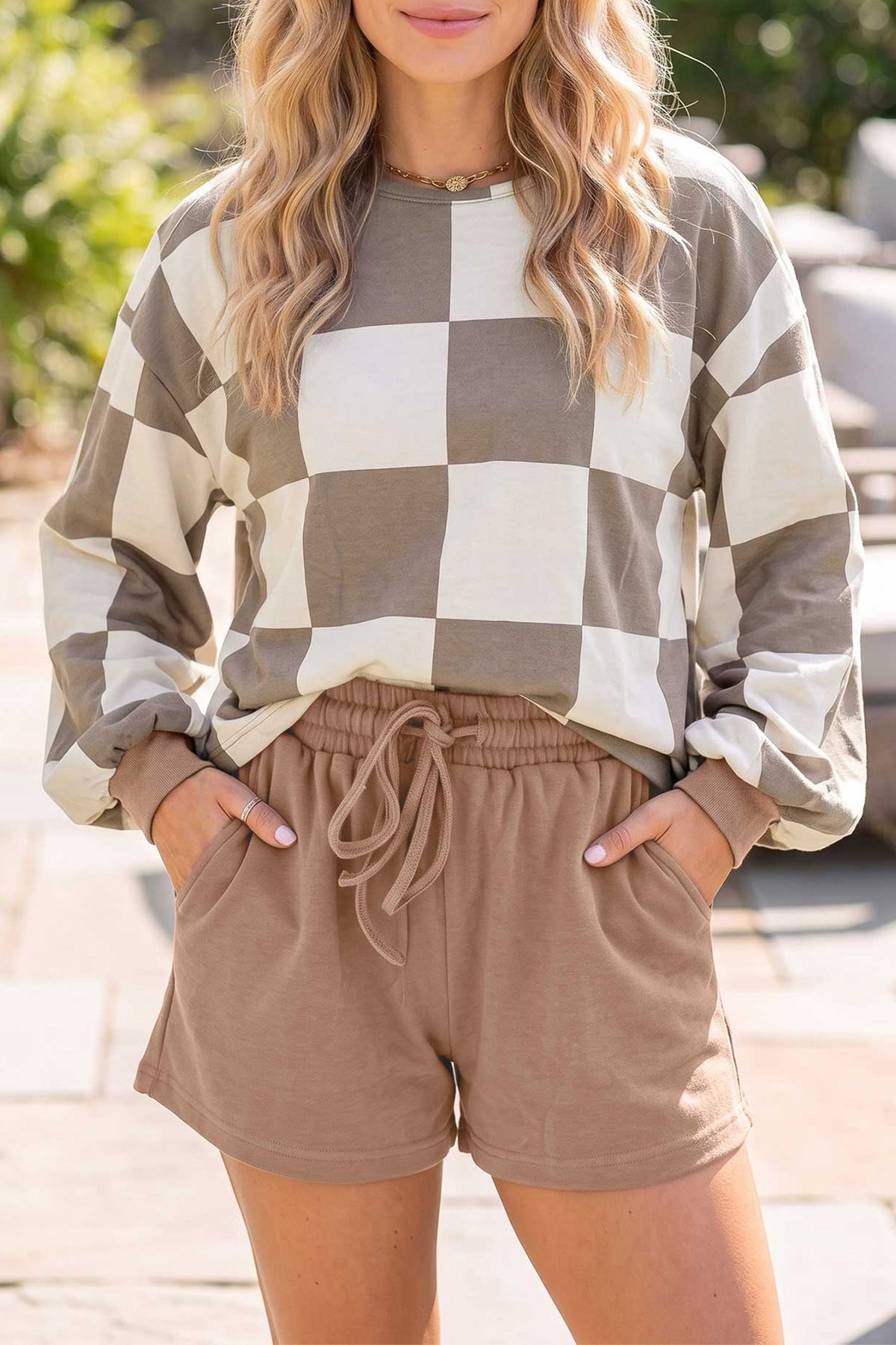Women's Black Checkerboard Plaid Long-Sleeve Shorts Two-Piece Set